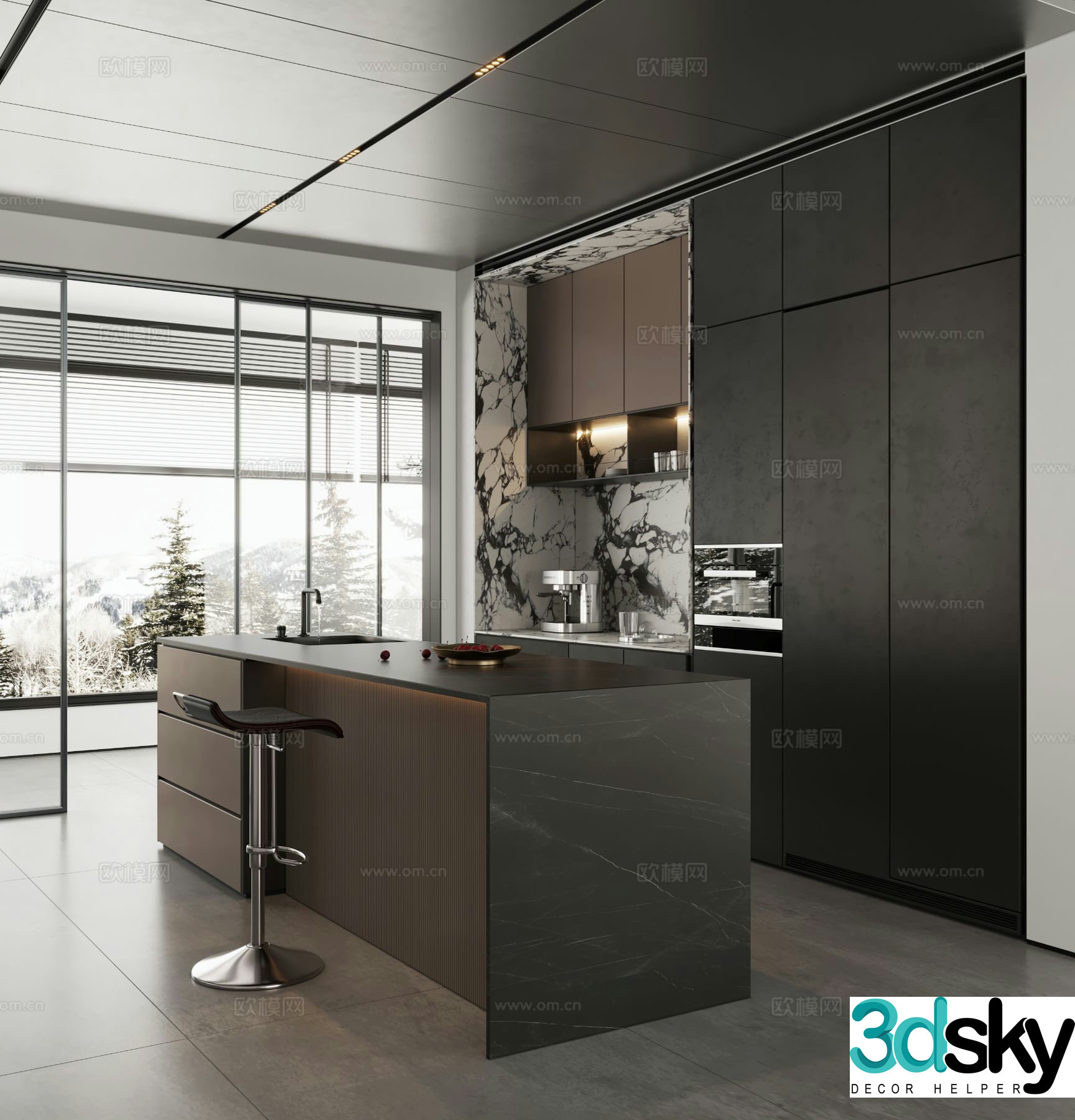 Italian open kitchen island western kitchen 3d model