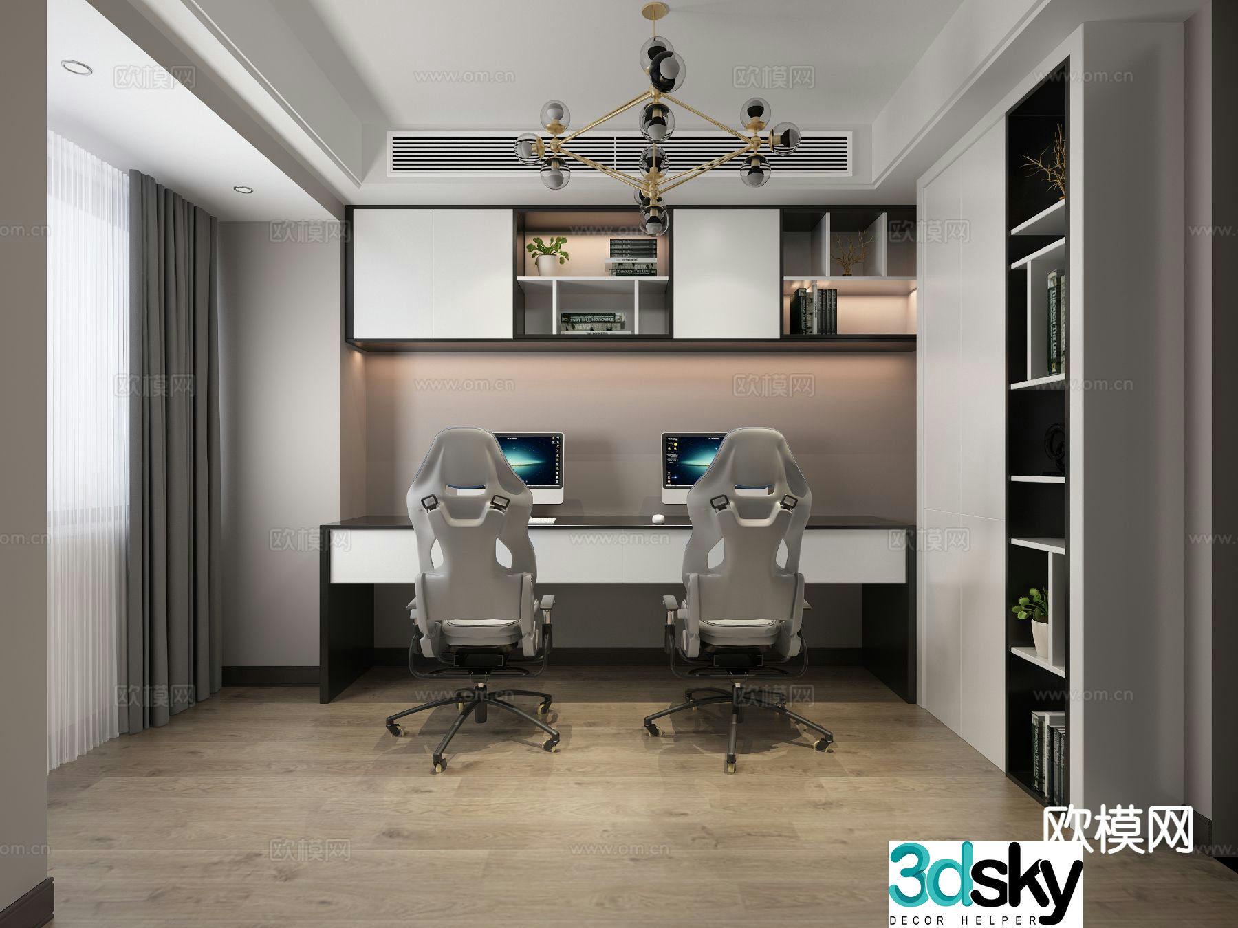 Modern double study computer room 3D model