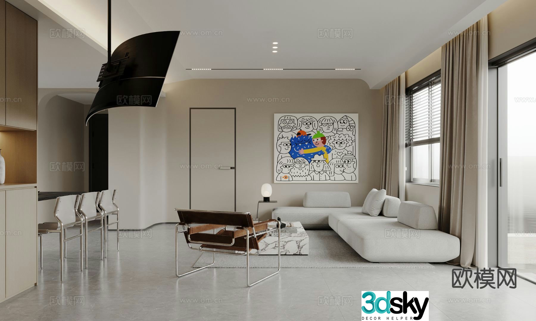 Italian minimalist living room horizontal hall 3D model