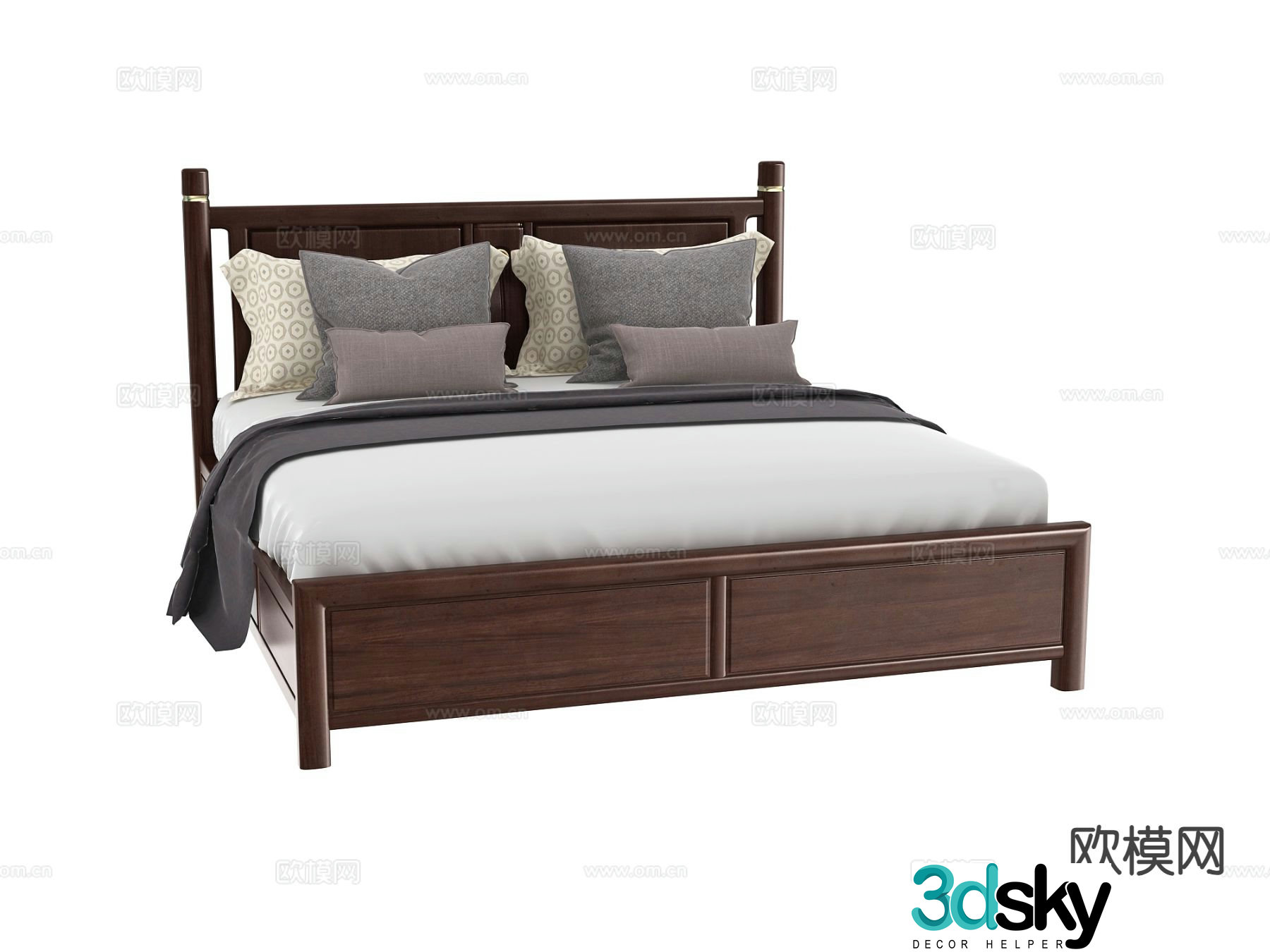 New Chinese style double bed walnut bed 3d model