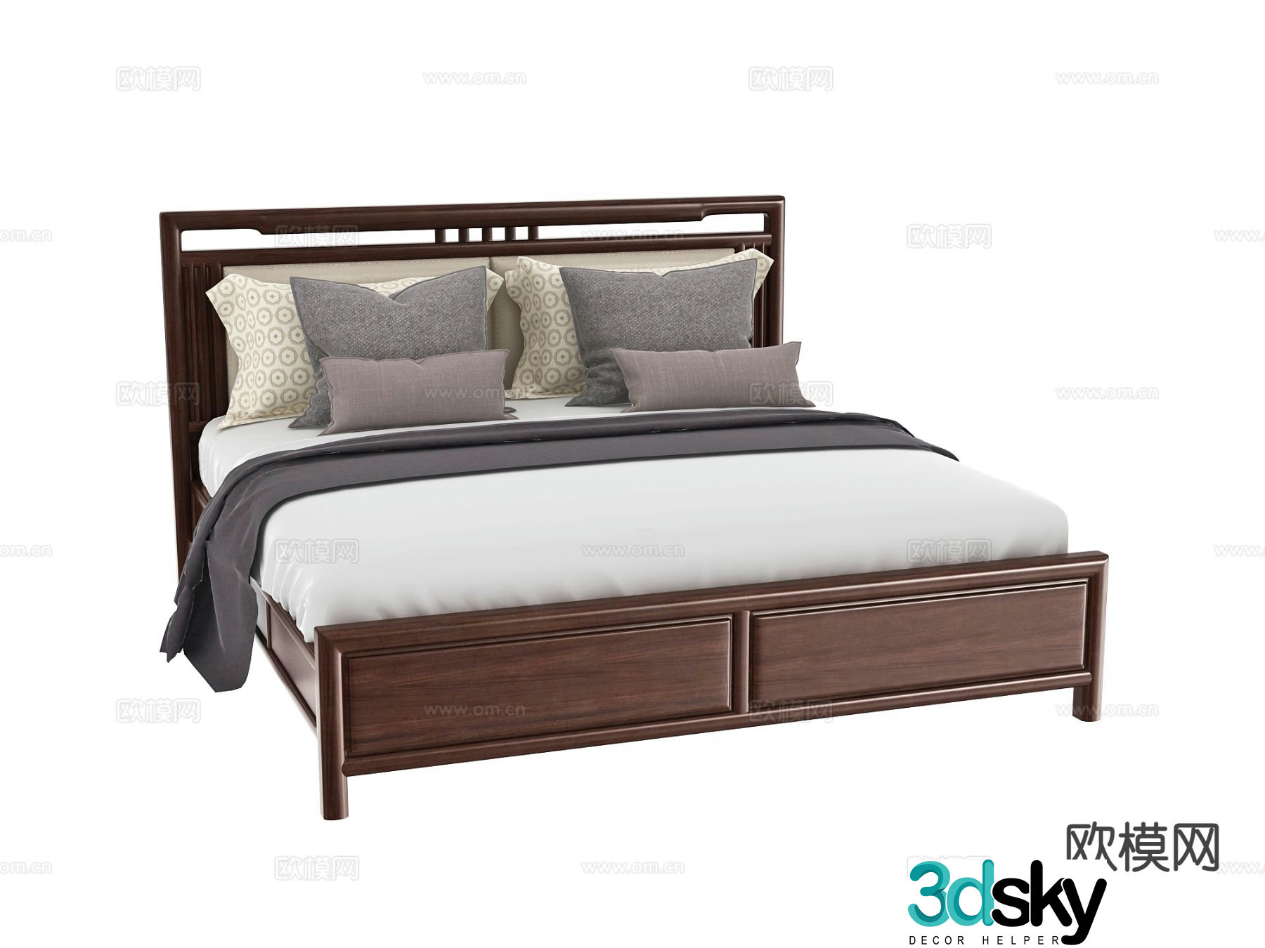 New Chinese style double bed walnut bed 3d model