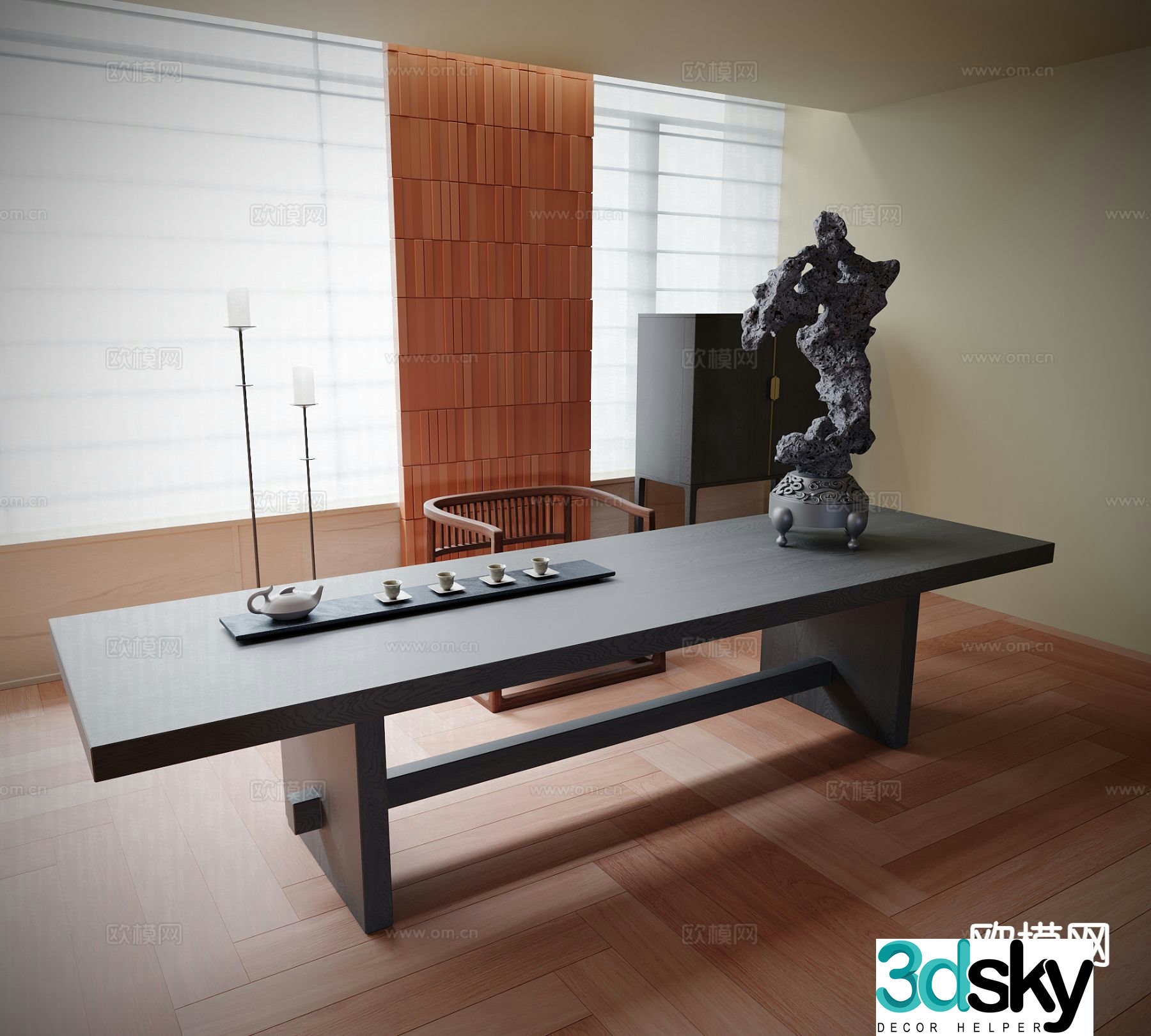 Modern tea table and chairs tea set Taihu stone 3d model