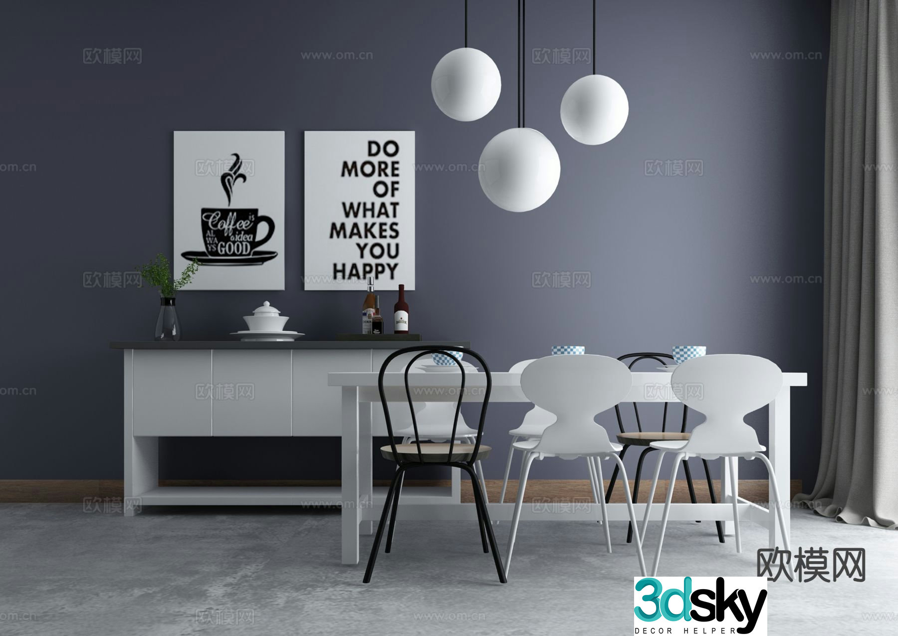 Nordic dining table and chairs sideboard 3d model