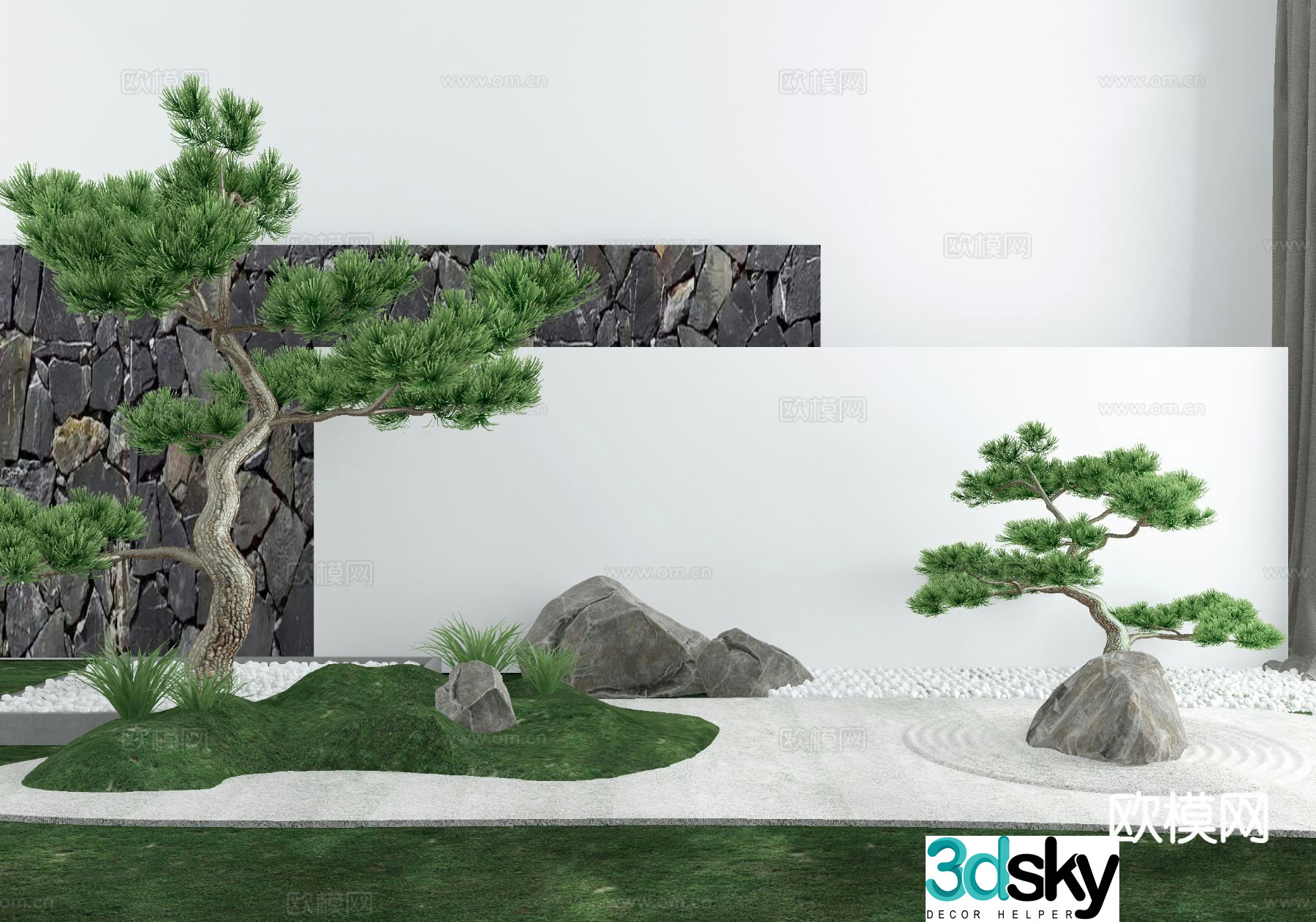 New Chinese style landscape Zen sketch rockery stone pine tree 3D model