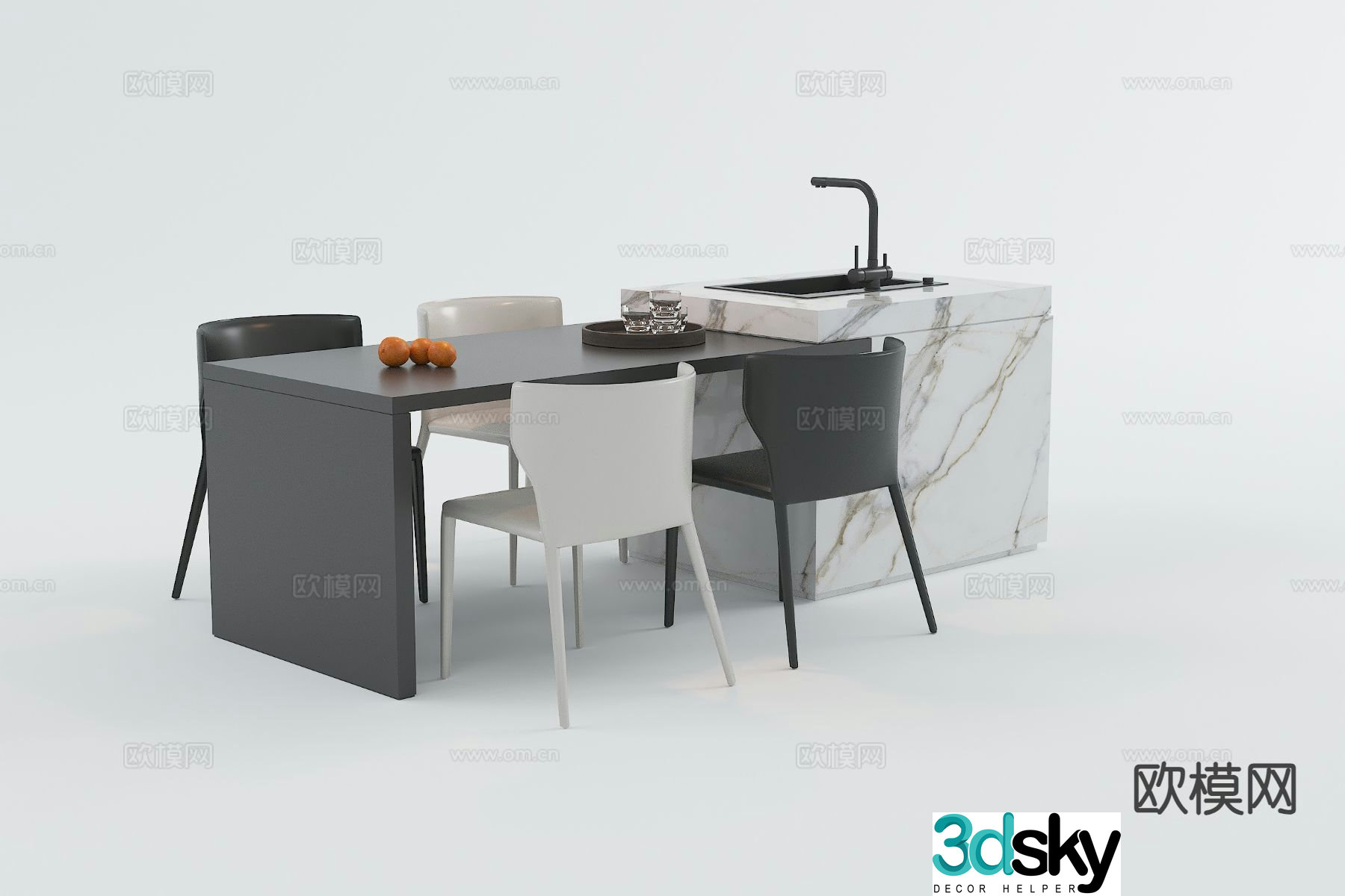 Modern island table dining table and chairs 3D model