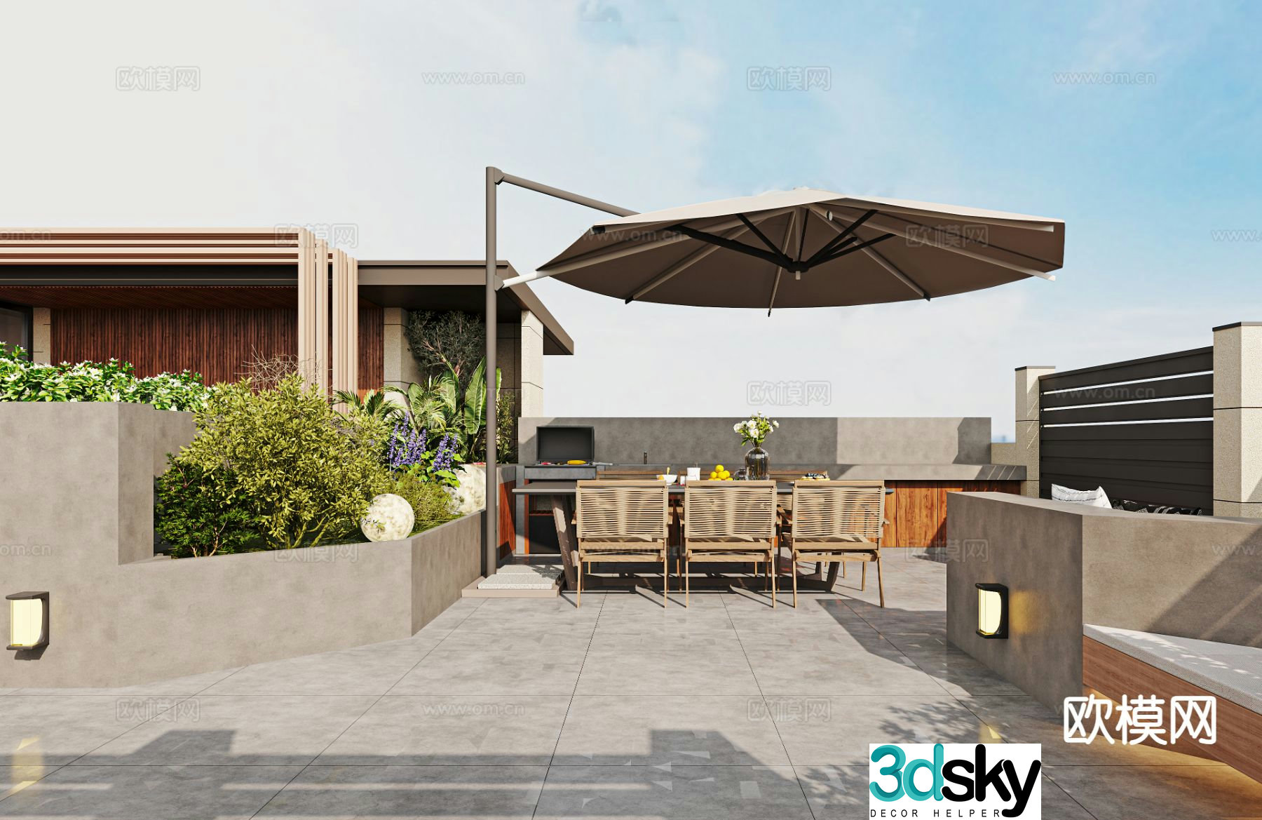 Modern villa terrace courtyard landscape 3d model