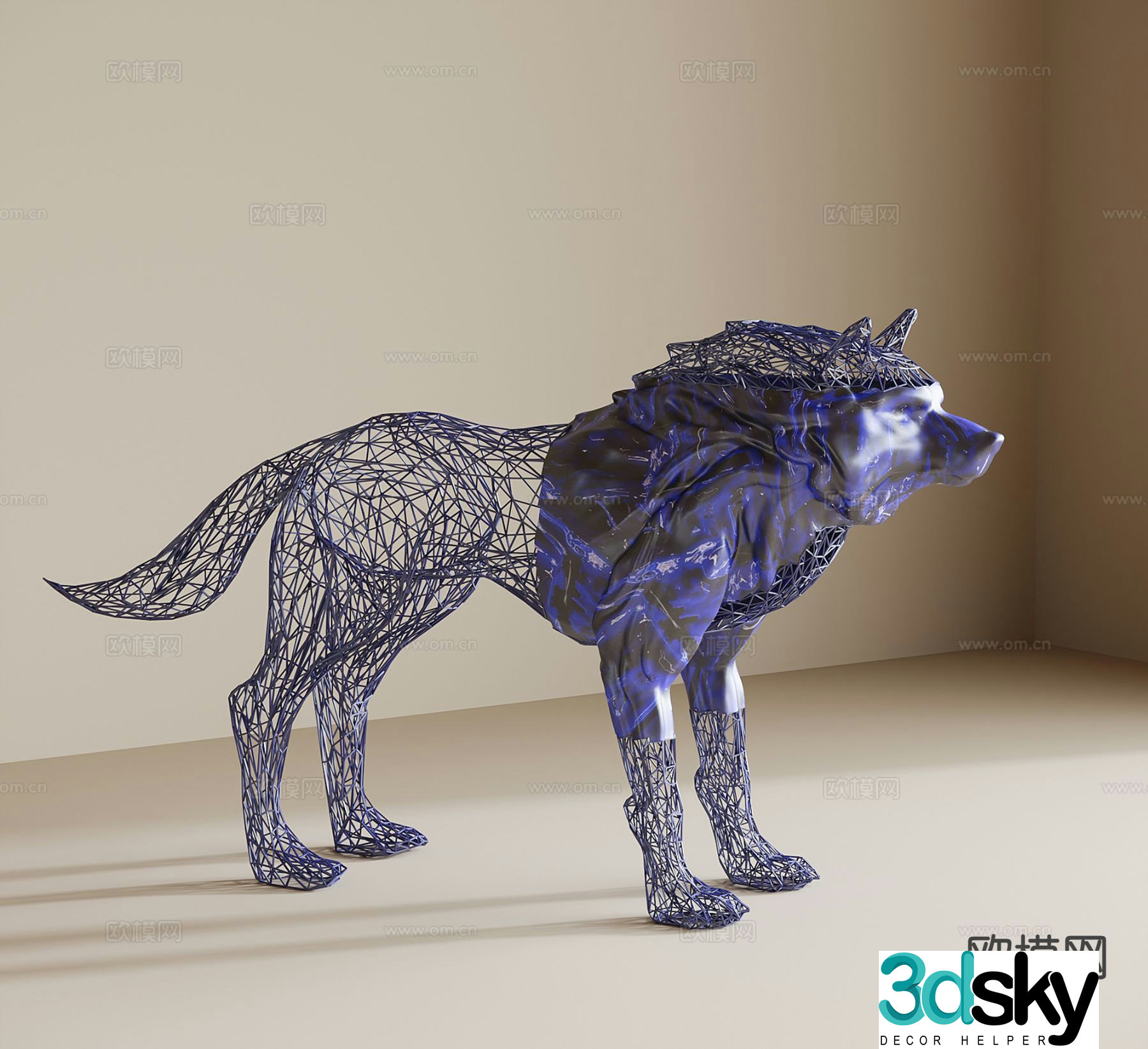 Wireframe wolf sculpture 3d model