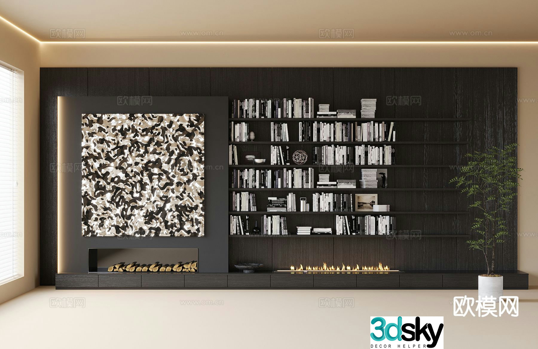 Medieval style wall-to-wall bookcases and fireplace 3D model