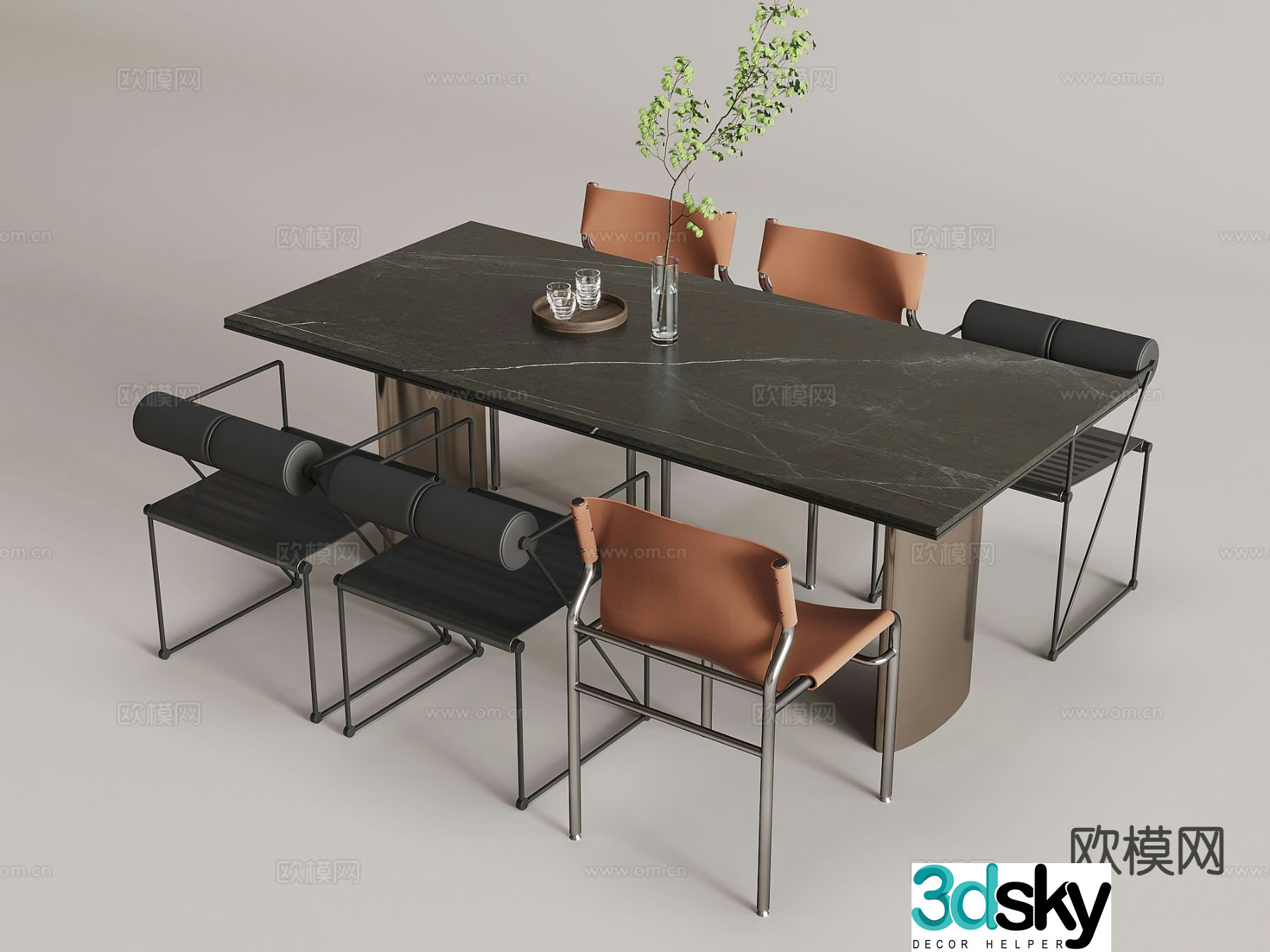 Italian long dining table and chairs 3D model