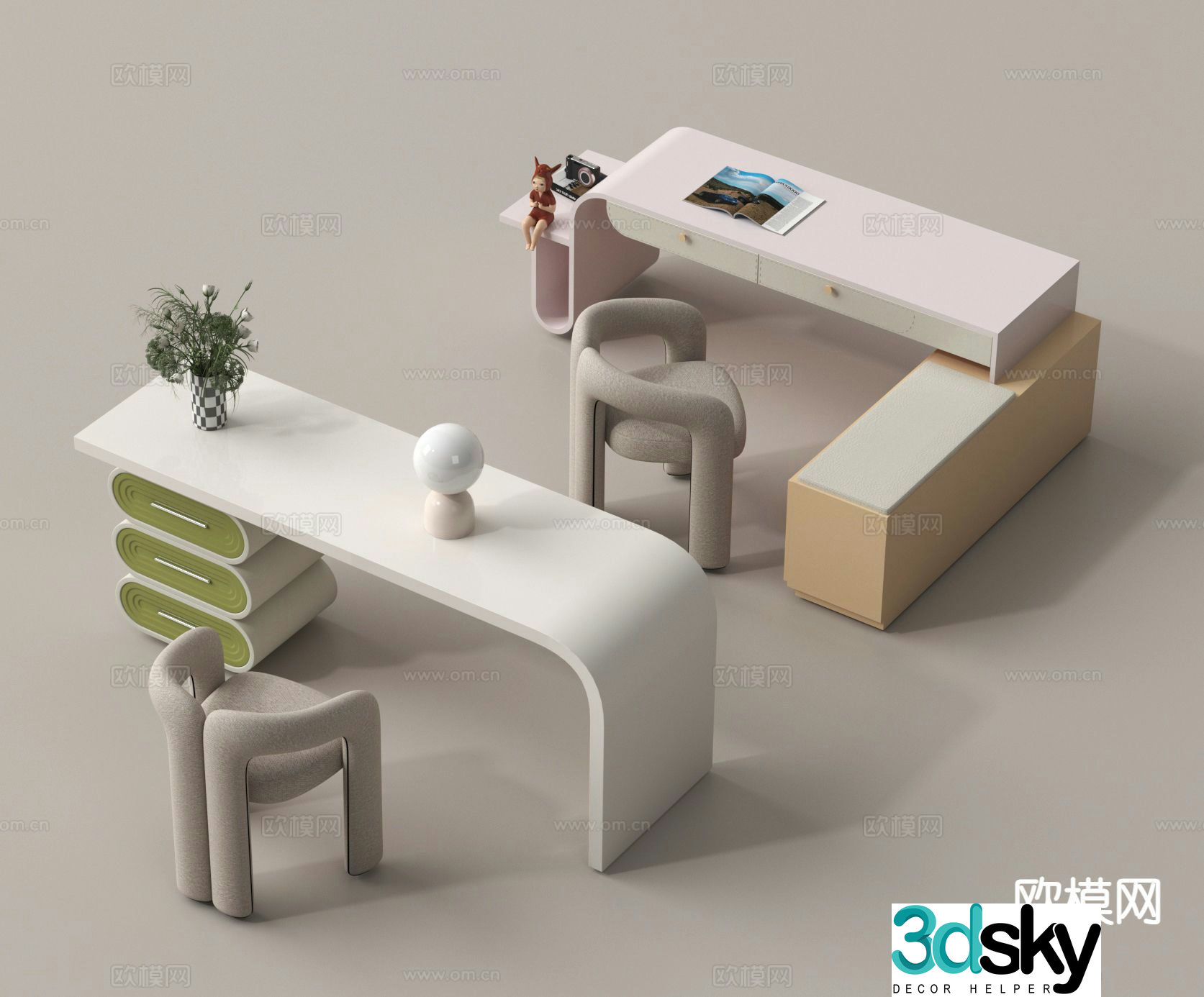 Modern study table children’s table and chair desk 3d model