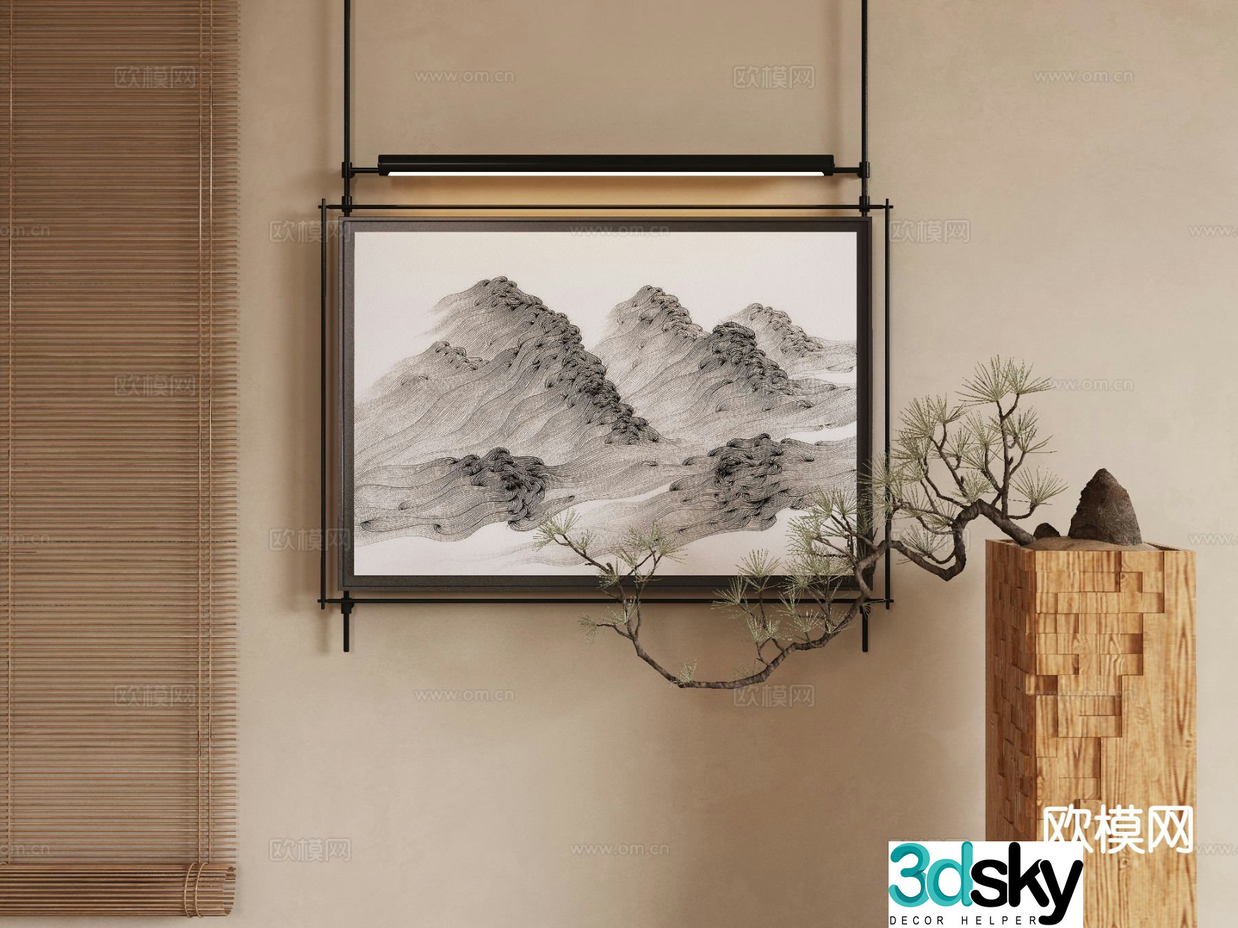 New Chinese style decorative painting Zen hanging painting Metal rod hanging painting 3D model