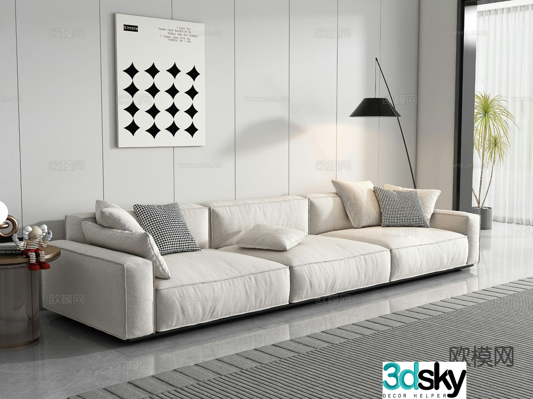 Modern three-person sofa fabric sofa 3d model
