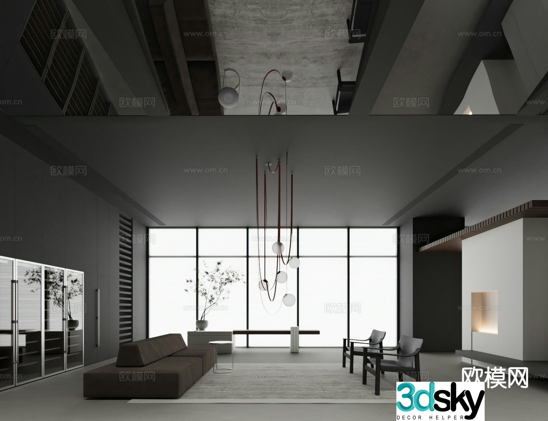 3D model of high-end gray villa living room