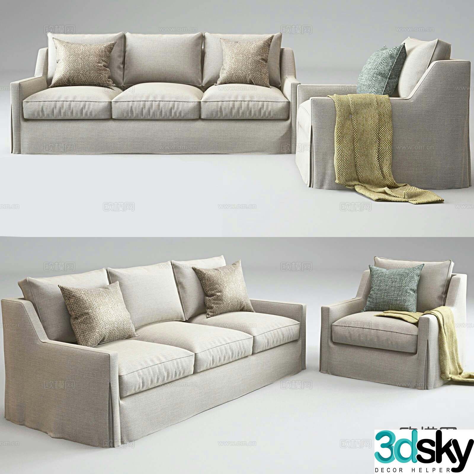 Modern three-person sofa single sofa 3d model