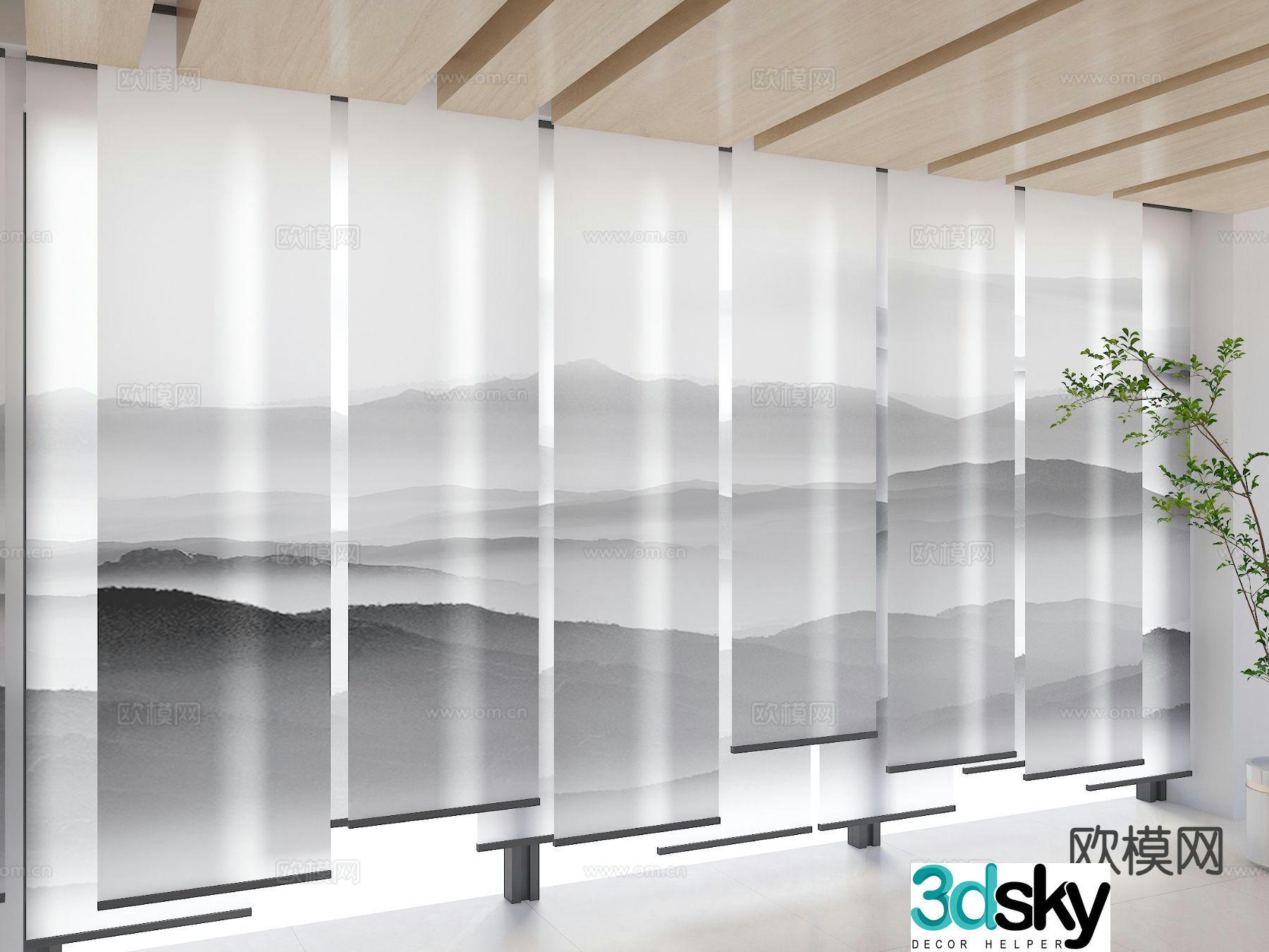 New Chinese Zen gauze curtain ink painting gauze curtain 3D model