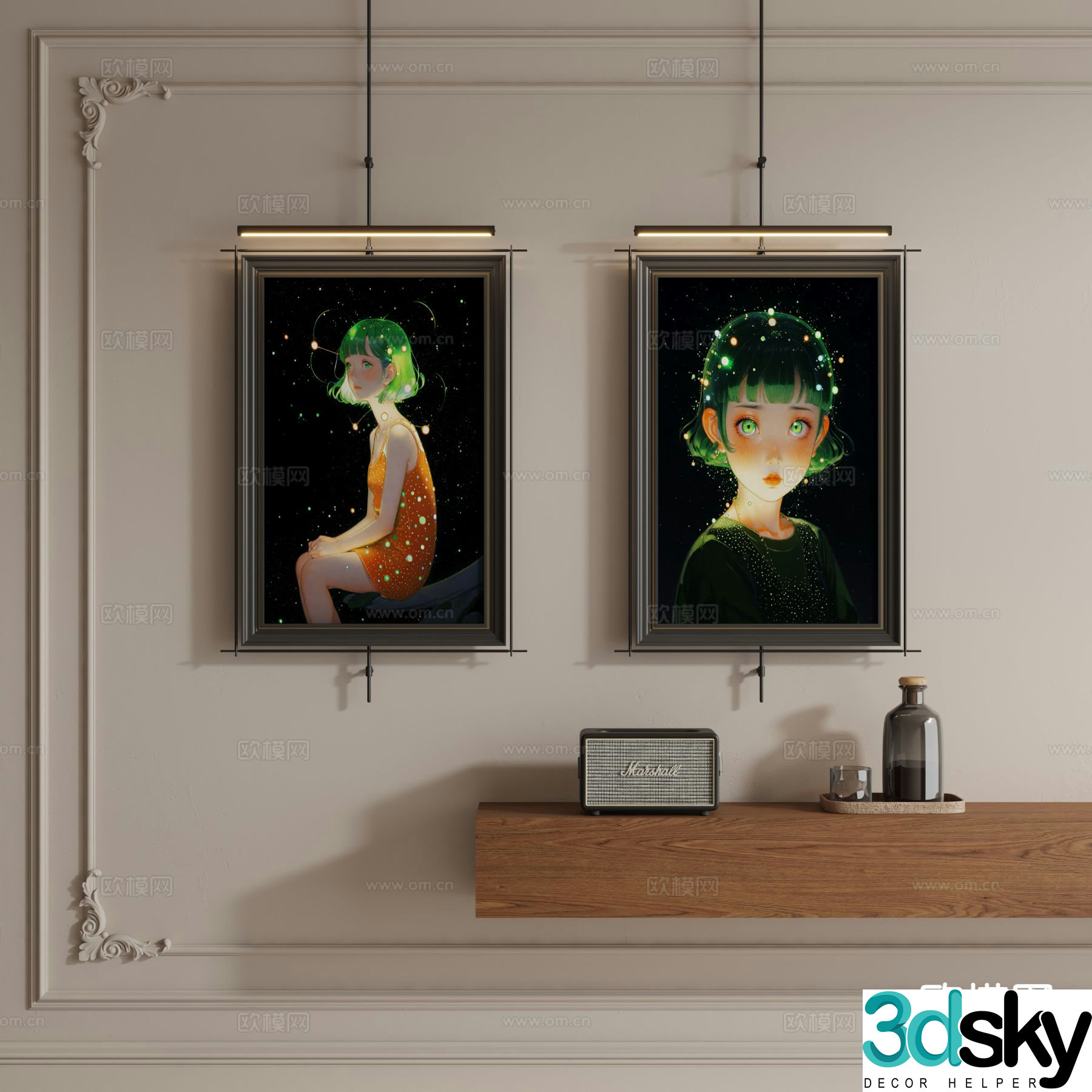 Medieval style hanging painting cartoon painting metal pole hanging painting 3d model
