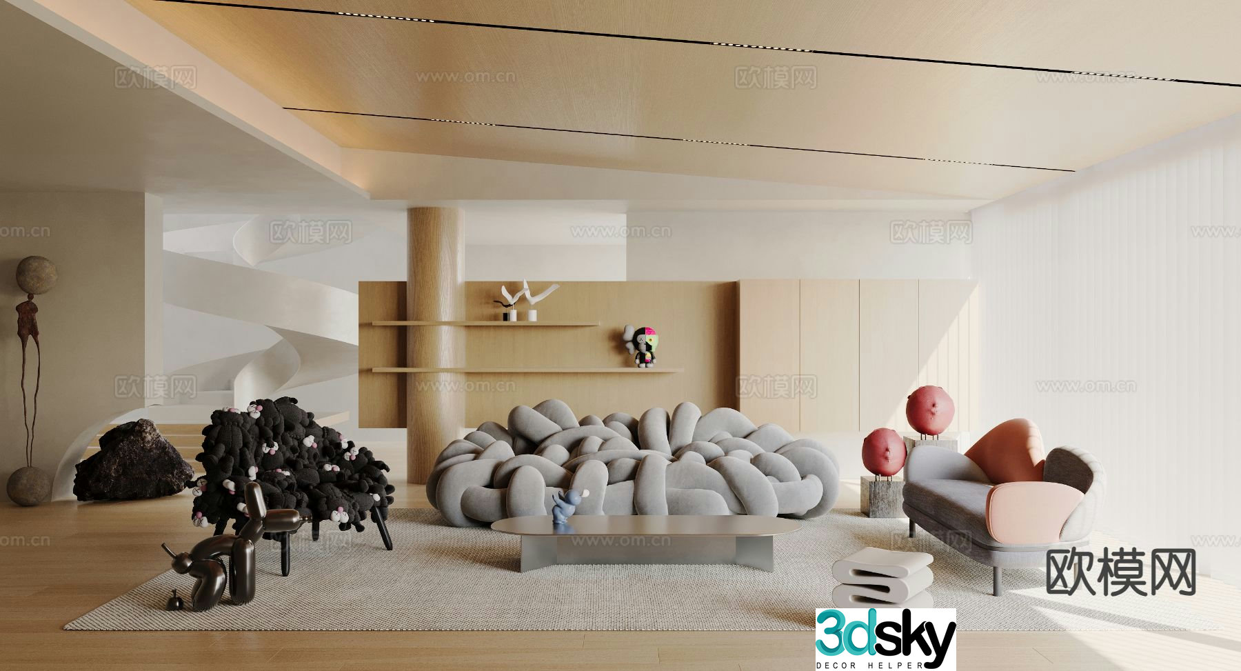 3D model of log style living room