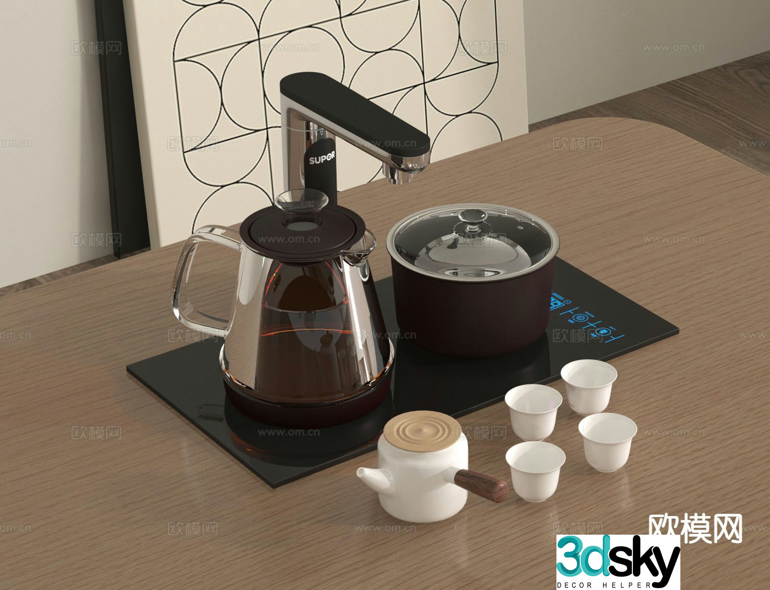 Automatic water filling tea table kettle tea set 3D model