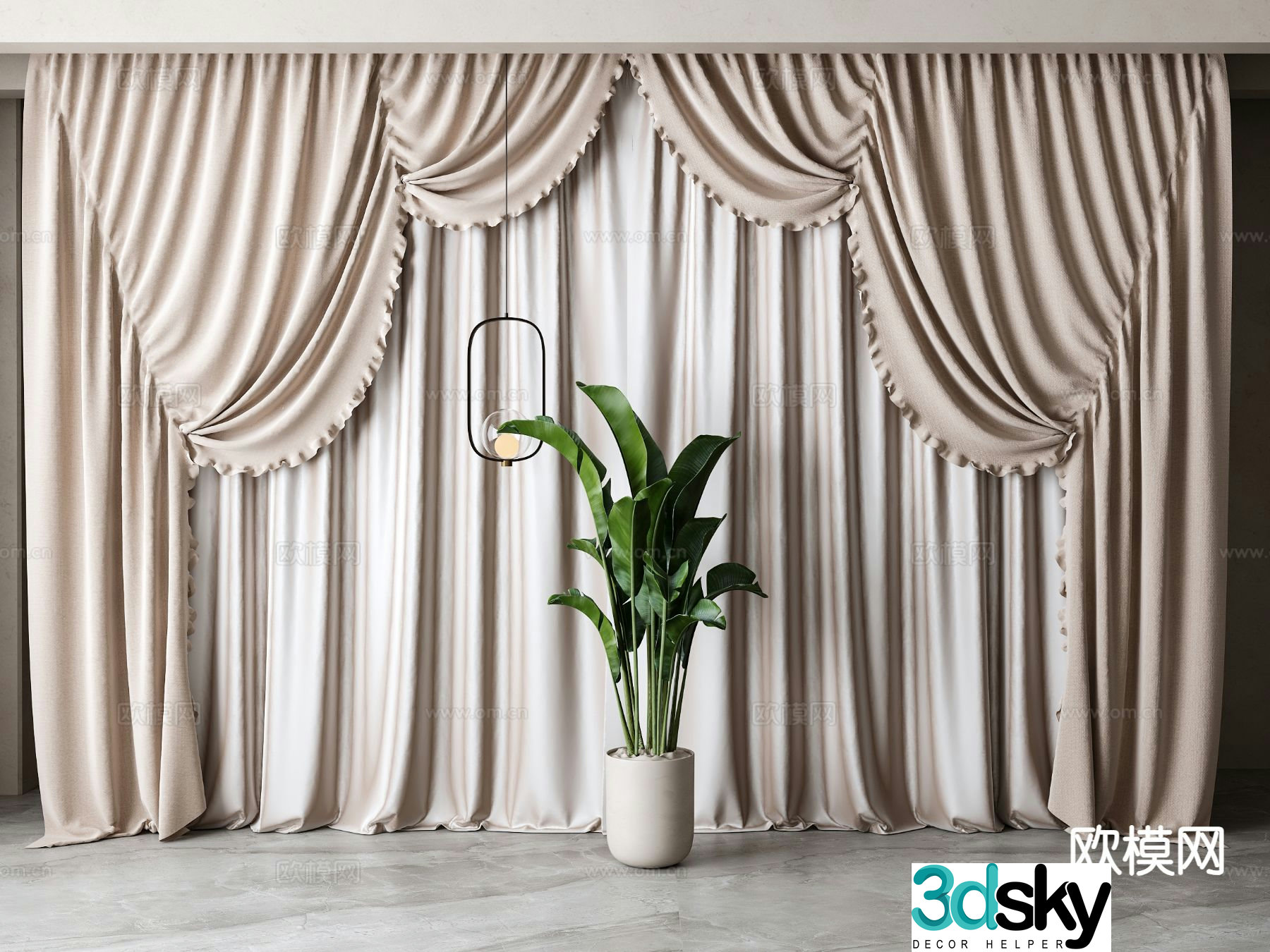Simple European curtains lace gauze curtain 3d model