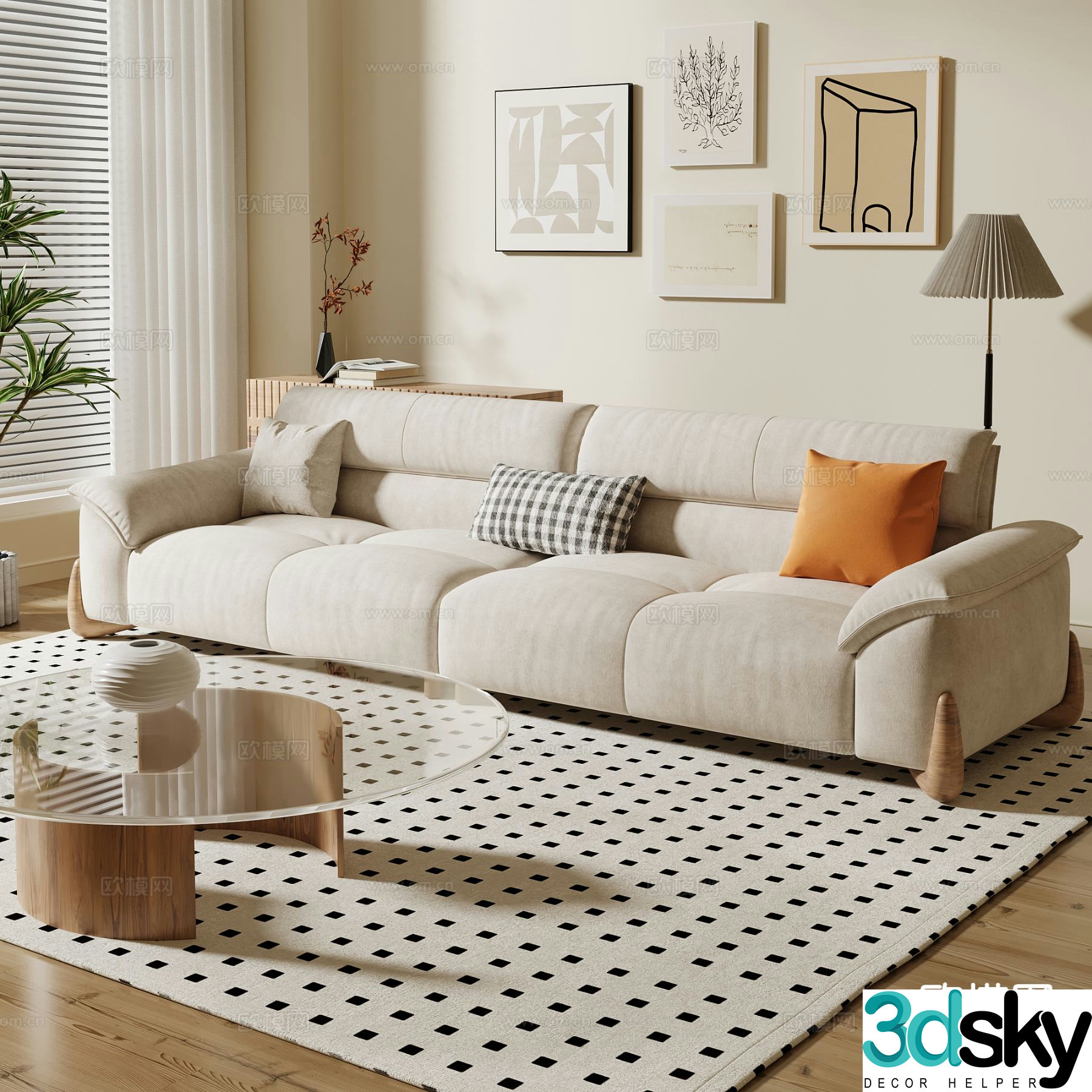Modern double sofa fabric sofa 3d model