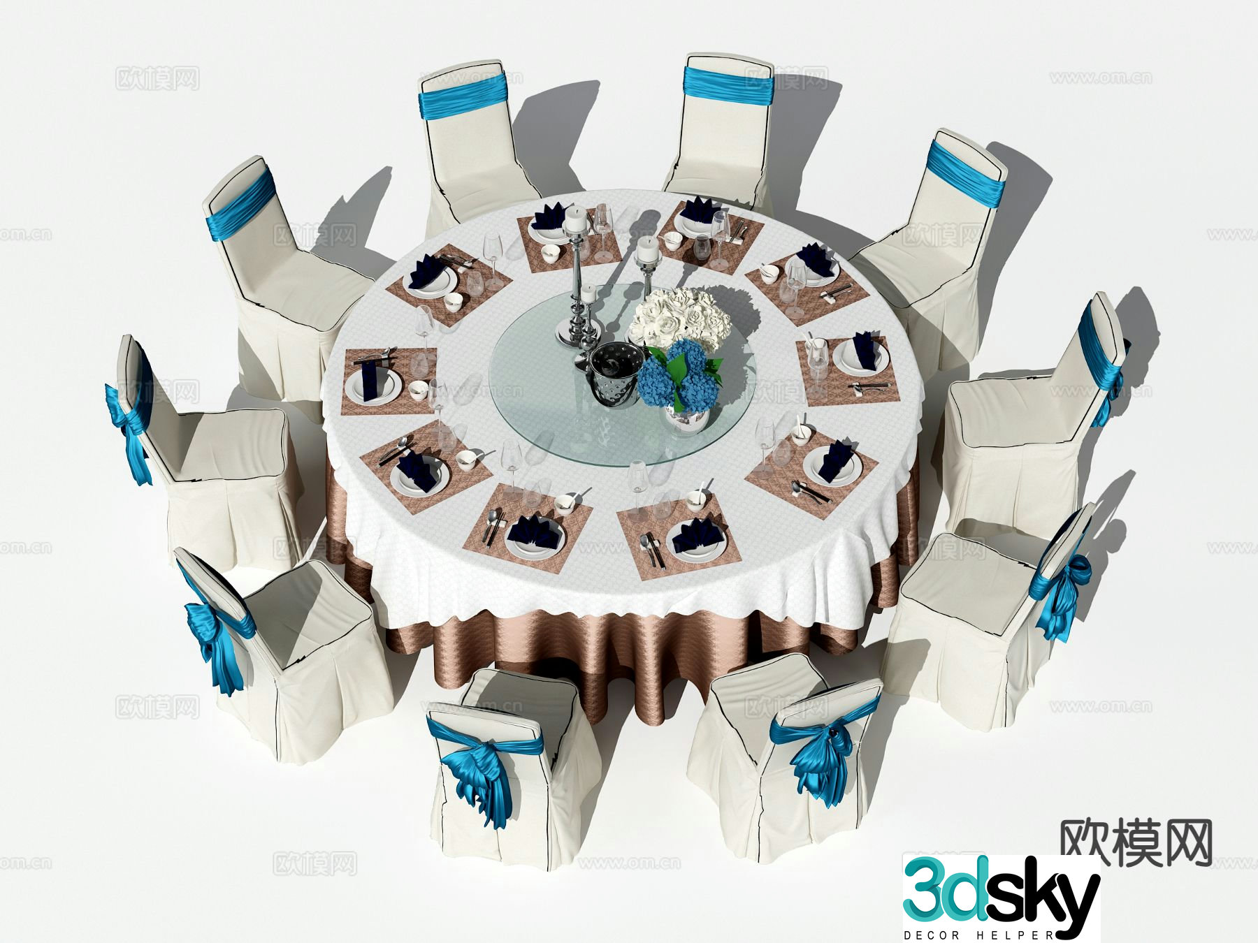 Eight-person dining table and chairs large round table 3D model