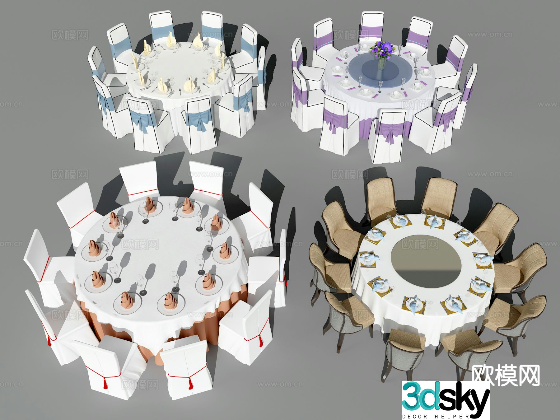 New Chinese style dining table and chairs large round table 3D model