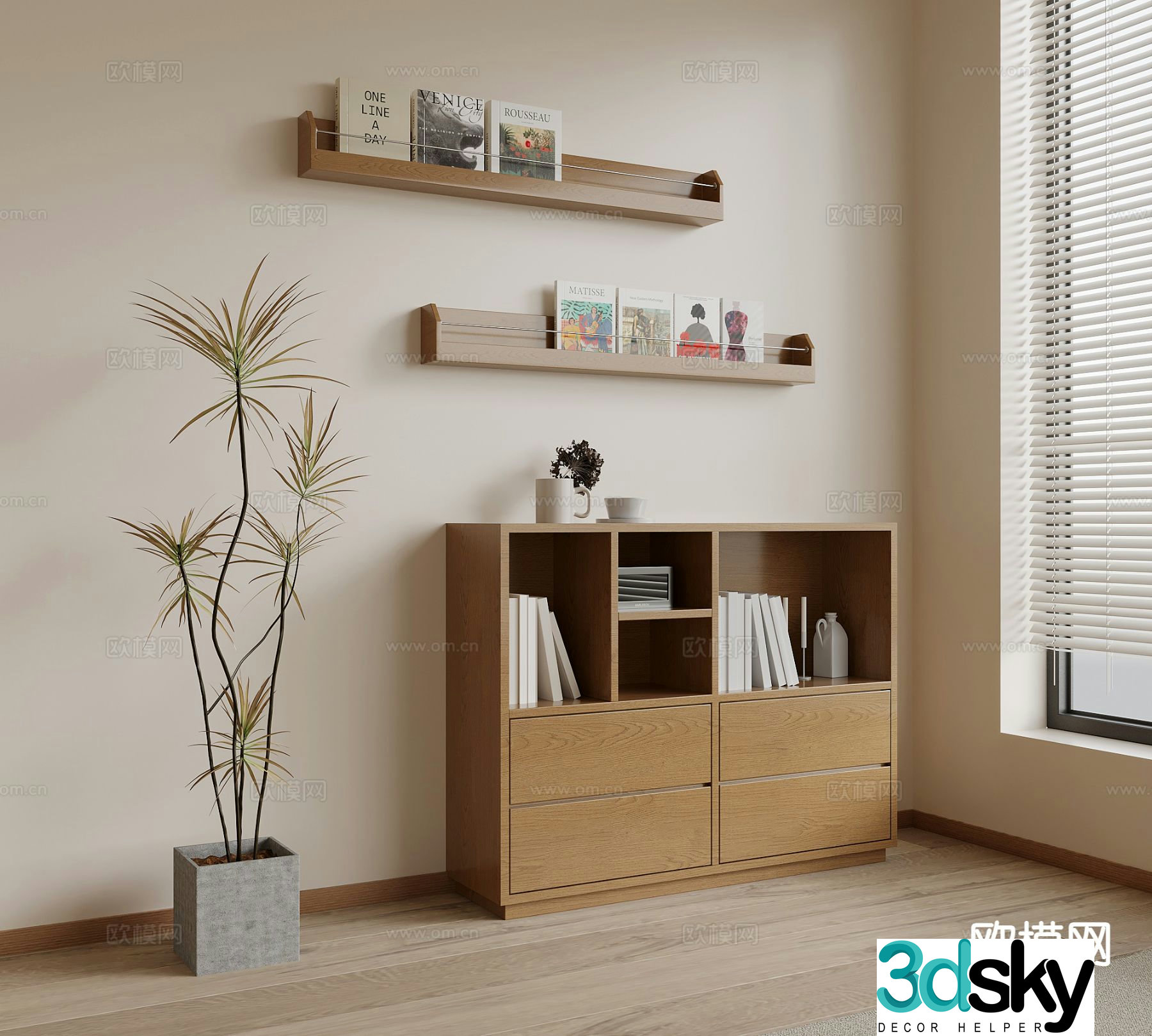 Wabi-sabi style bookshelf low cabinet 3D model
