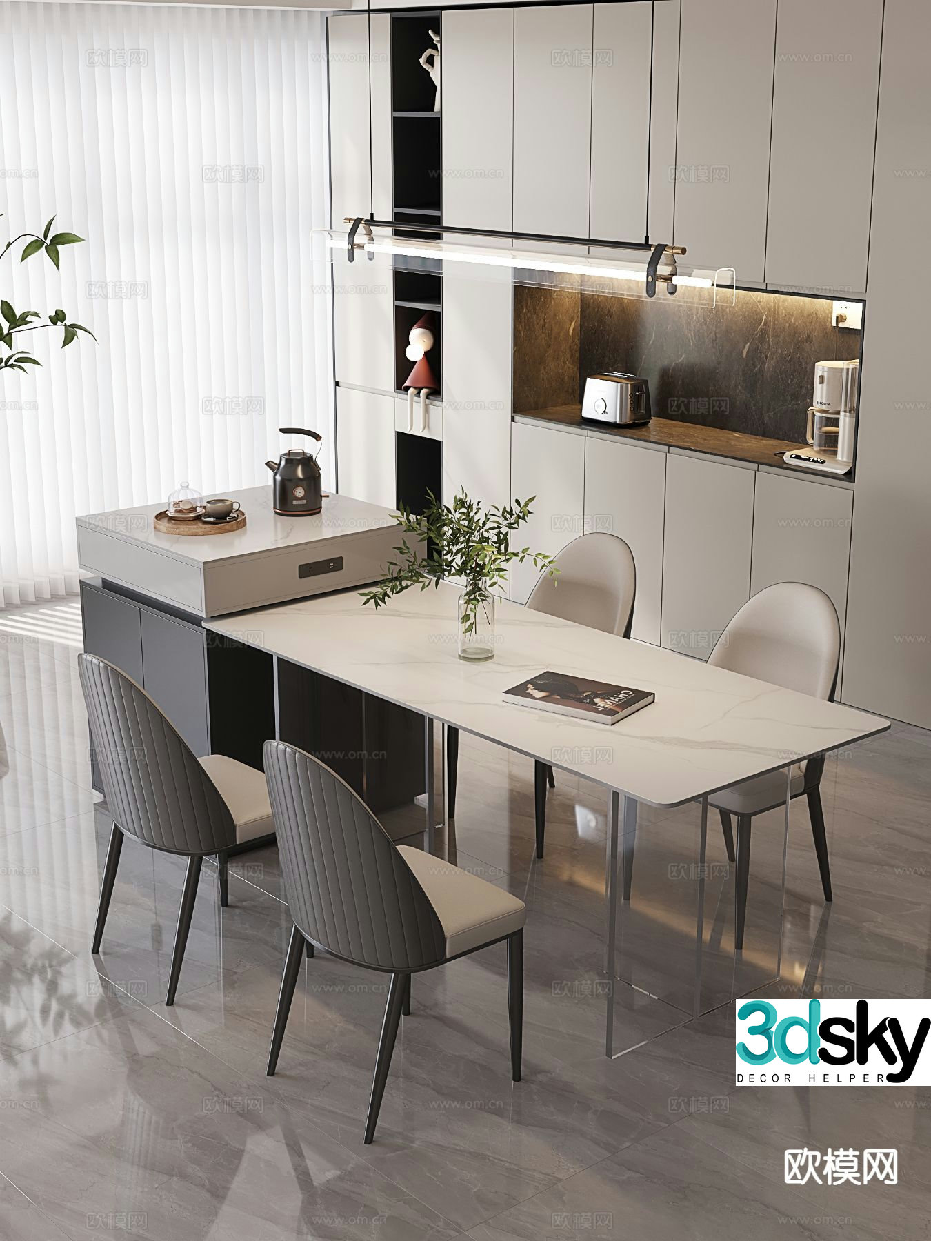 Modern slate island dining table and chairs 3d model