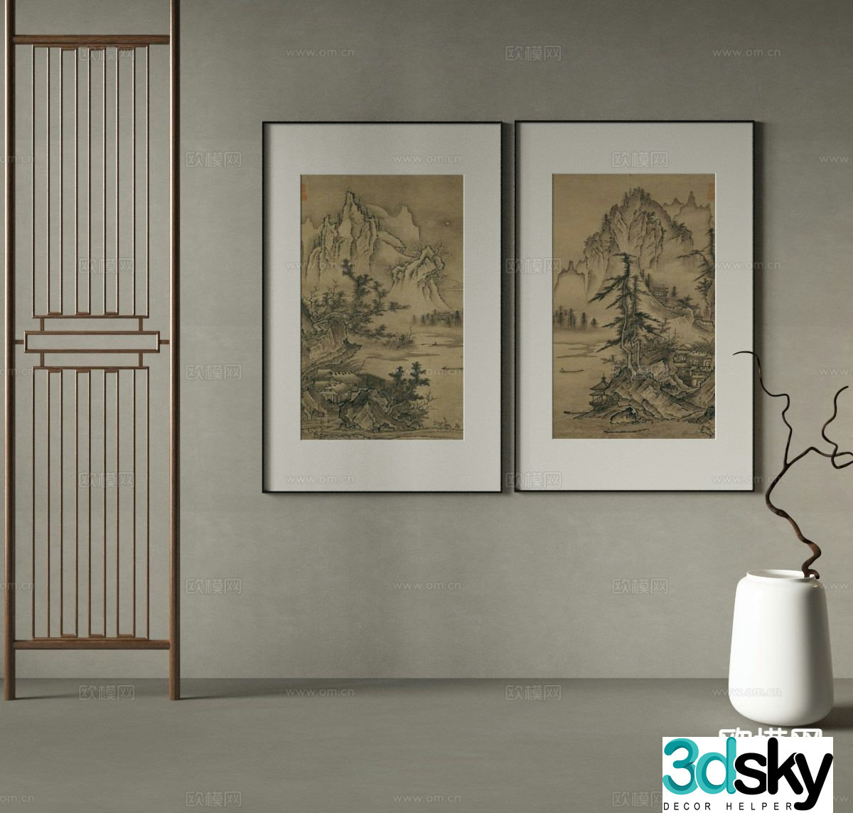 New Chinese style ink painting landscape painting decorative painting 3D model