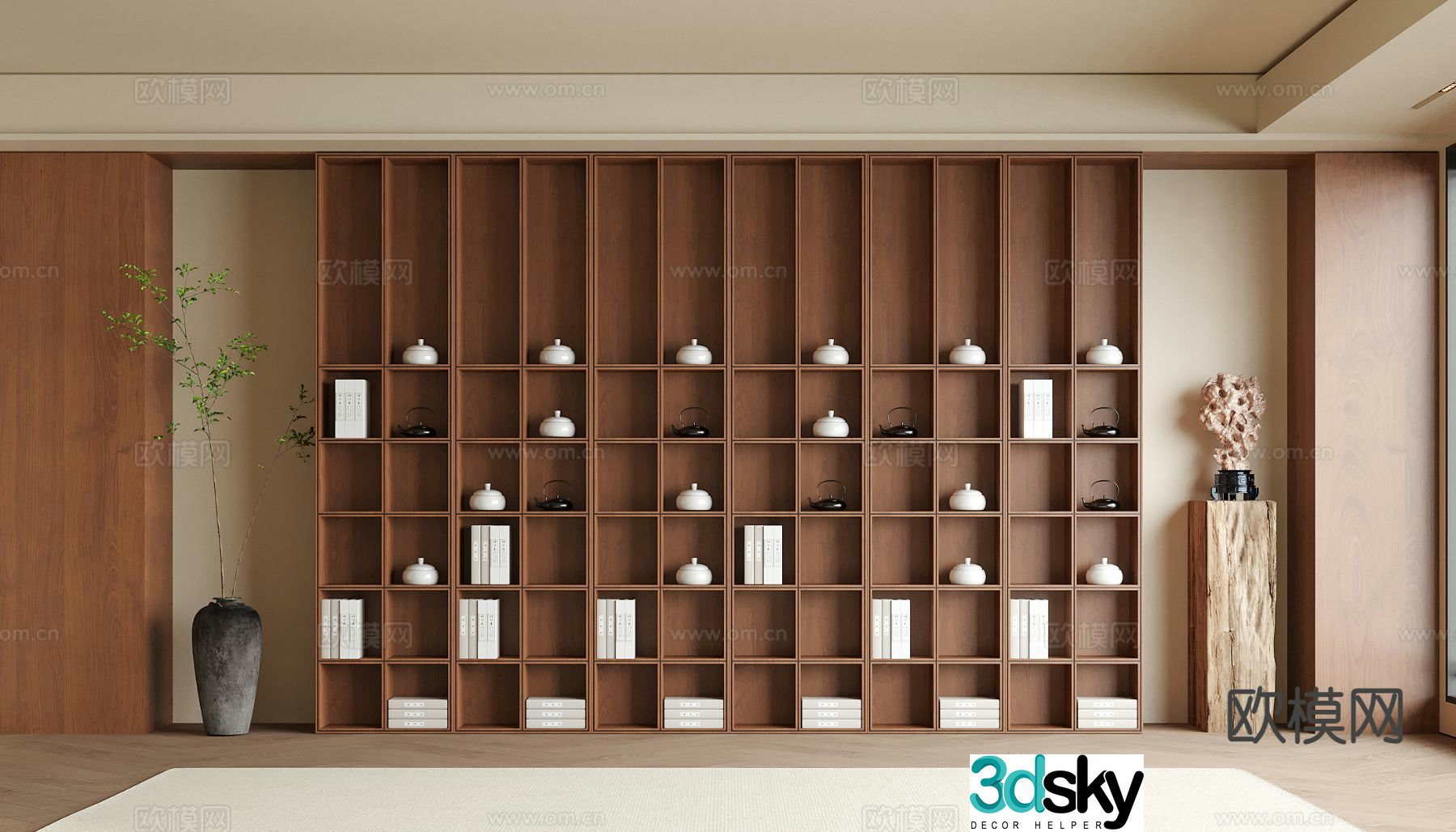 New Chinese style wall-to-wall bookcase tea cabinet open cabinet 3D model
