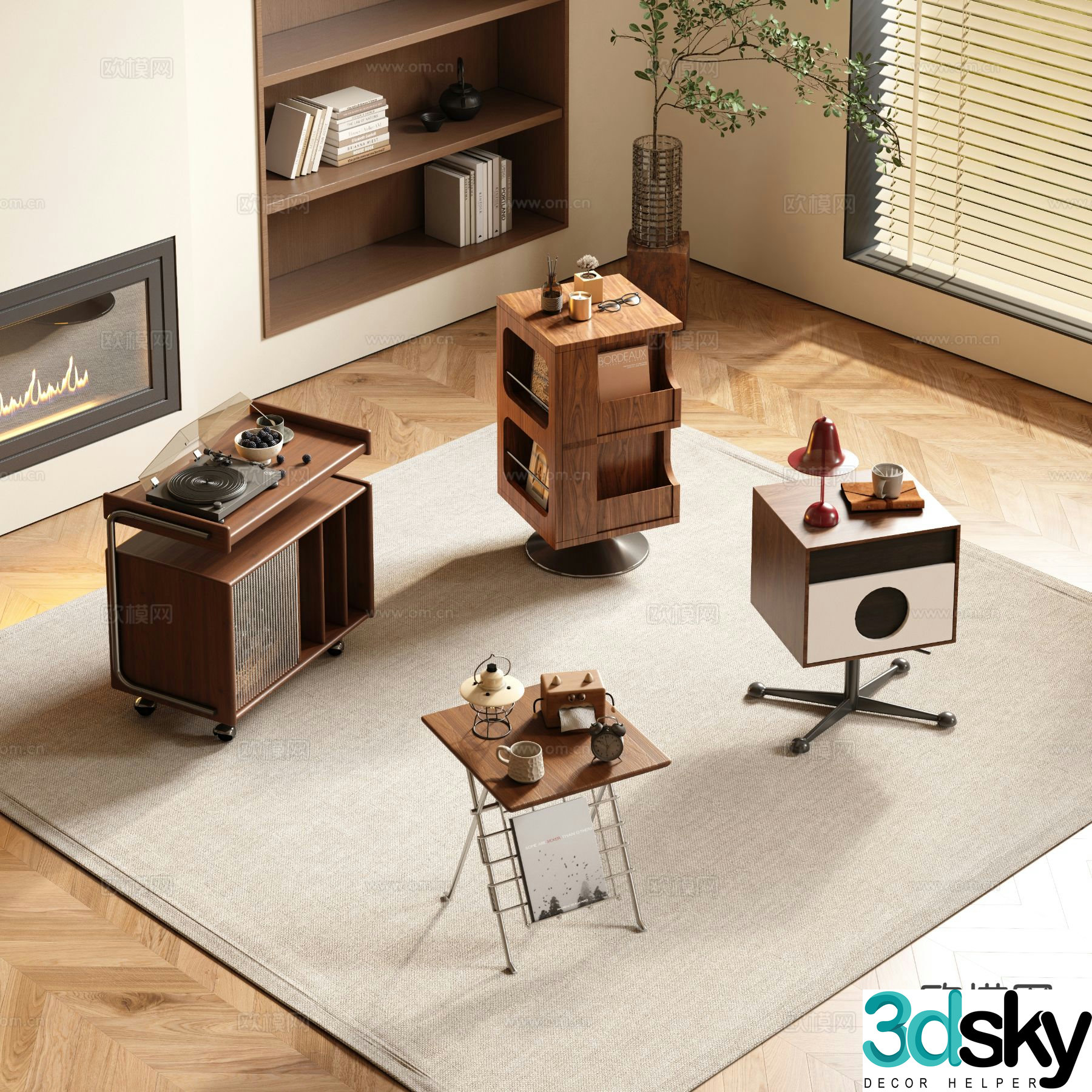 Medieval style side table square side mobile cart 3d model