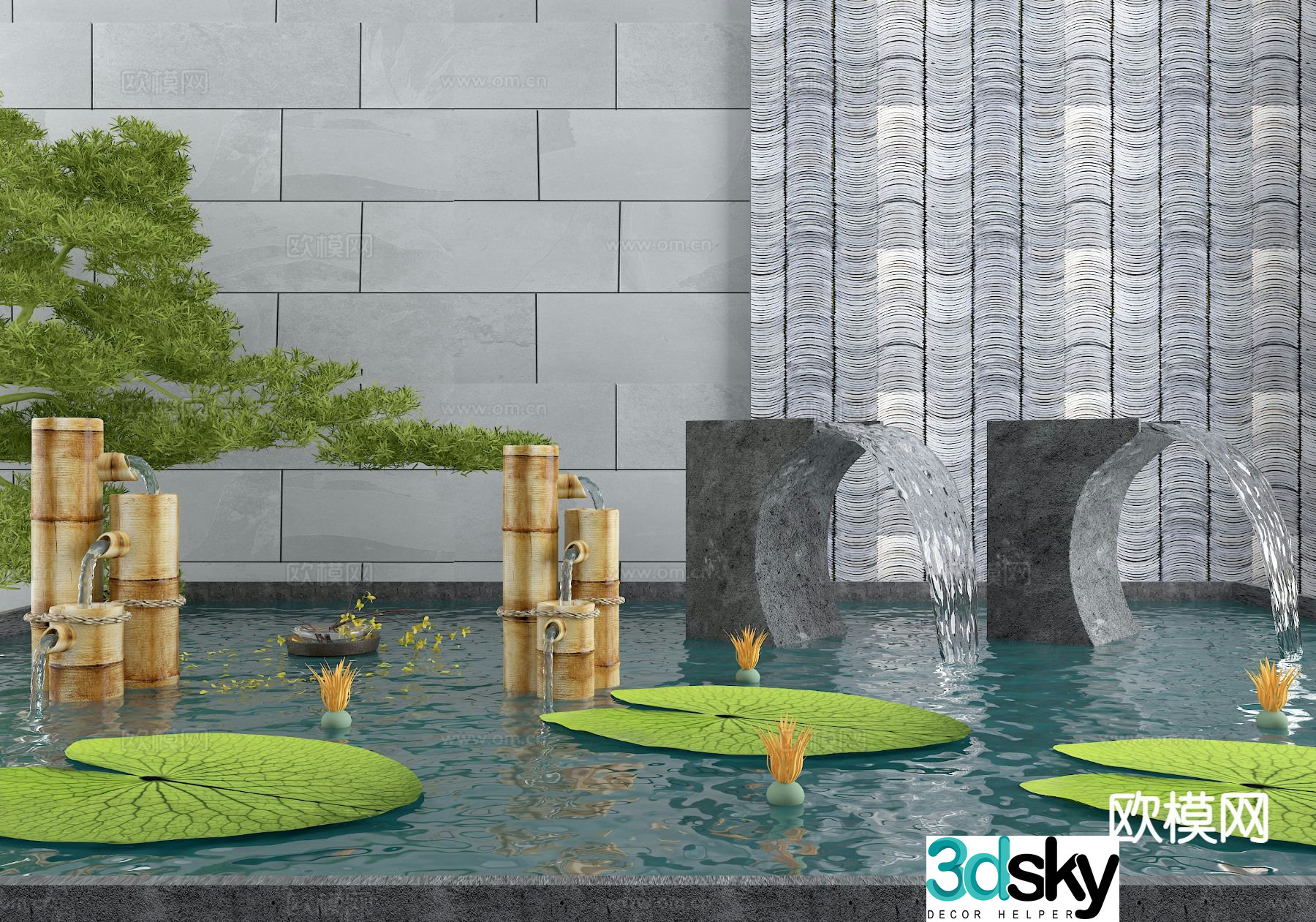 Courtyard landscape sketch dry landscape lotus water flow device 3D model