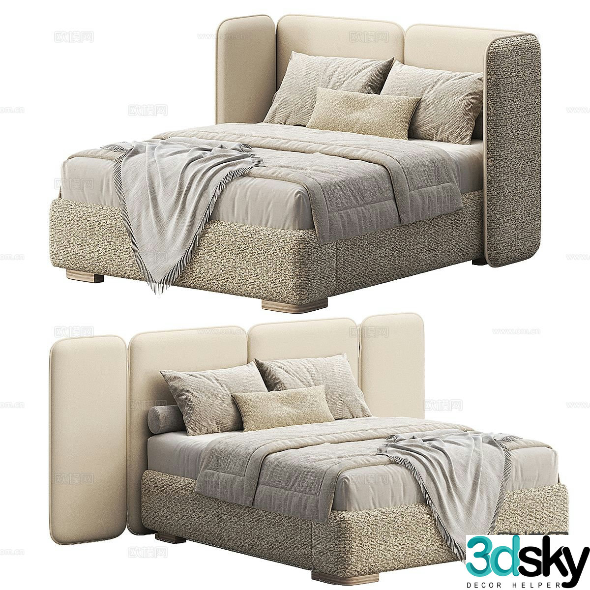 Cream style double bed 3d model