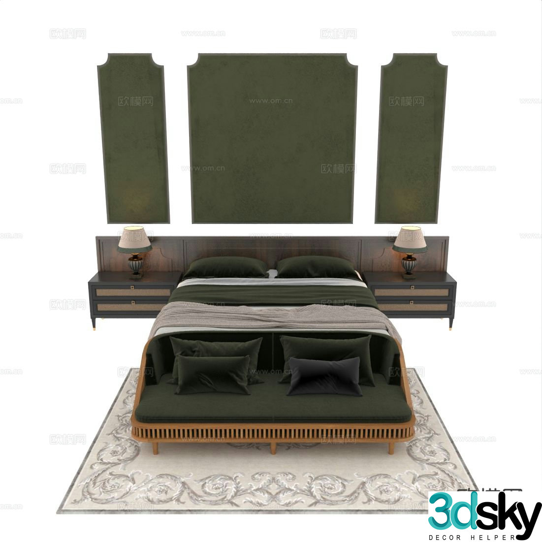 Southeast Asian double bed bedside table bed background 3d model