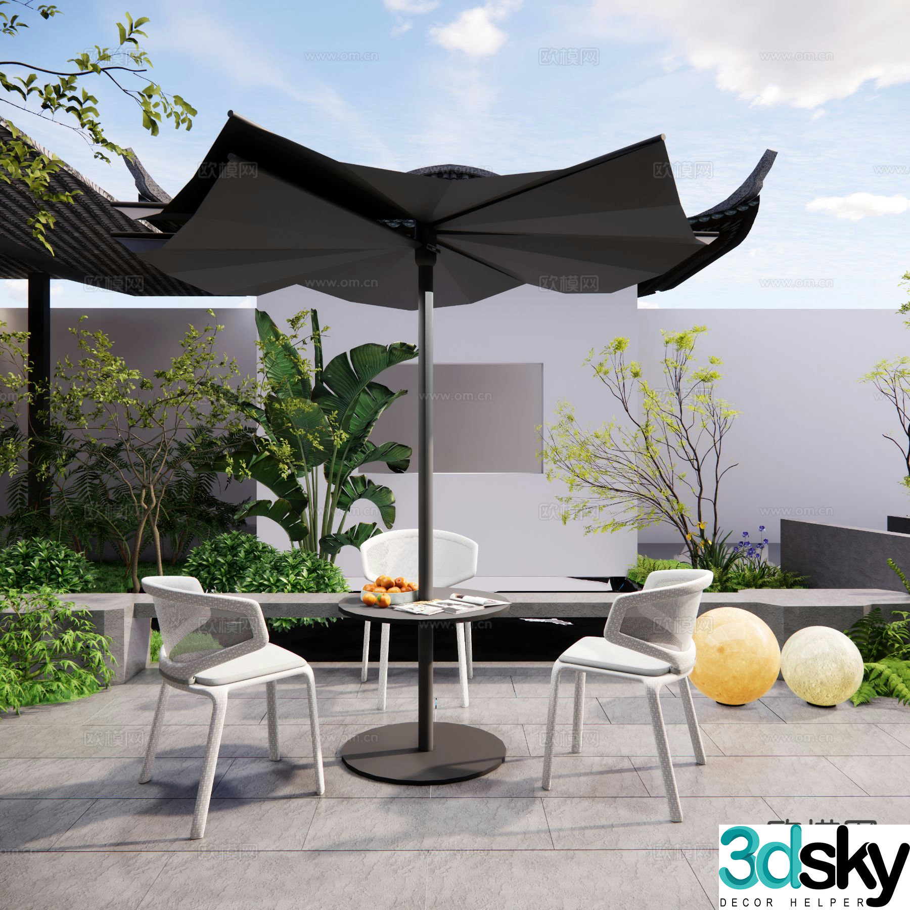 Chinese garden tables and chairs outdoor tables and chairs parasols 3D model