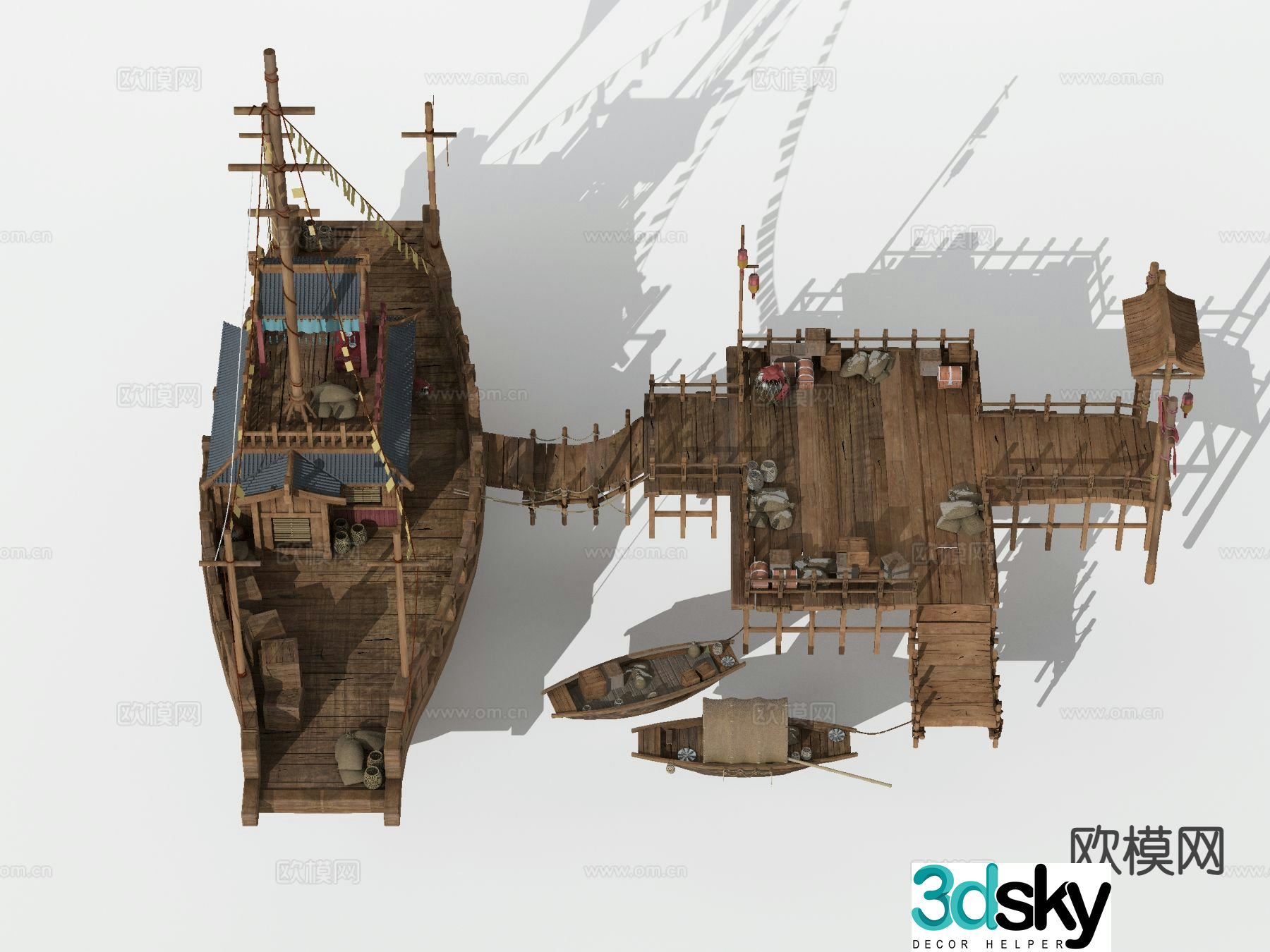 Chinese classical antique boat horse head boat wooden boat 3d model