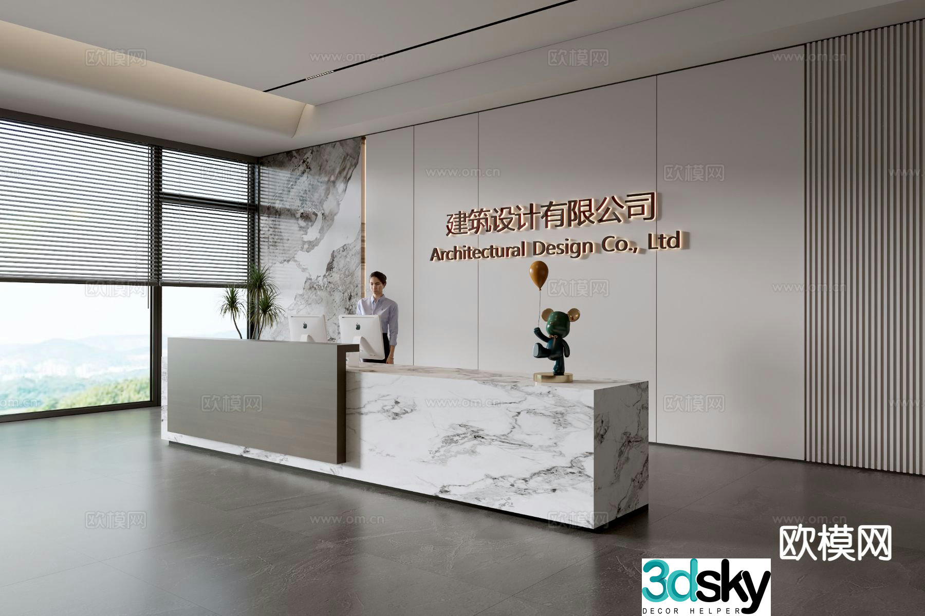 Modern company front desk reception desk corporate wall 3d model