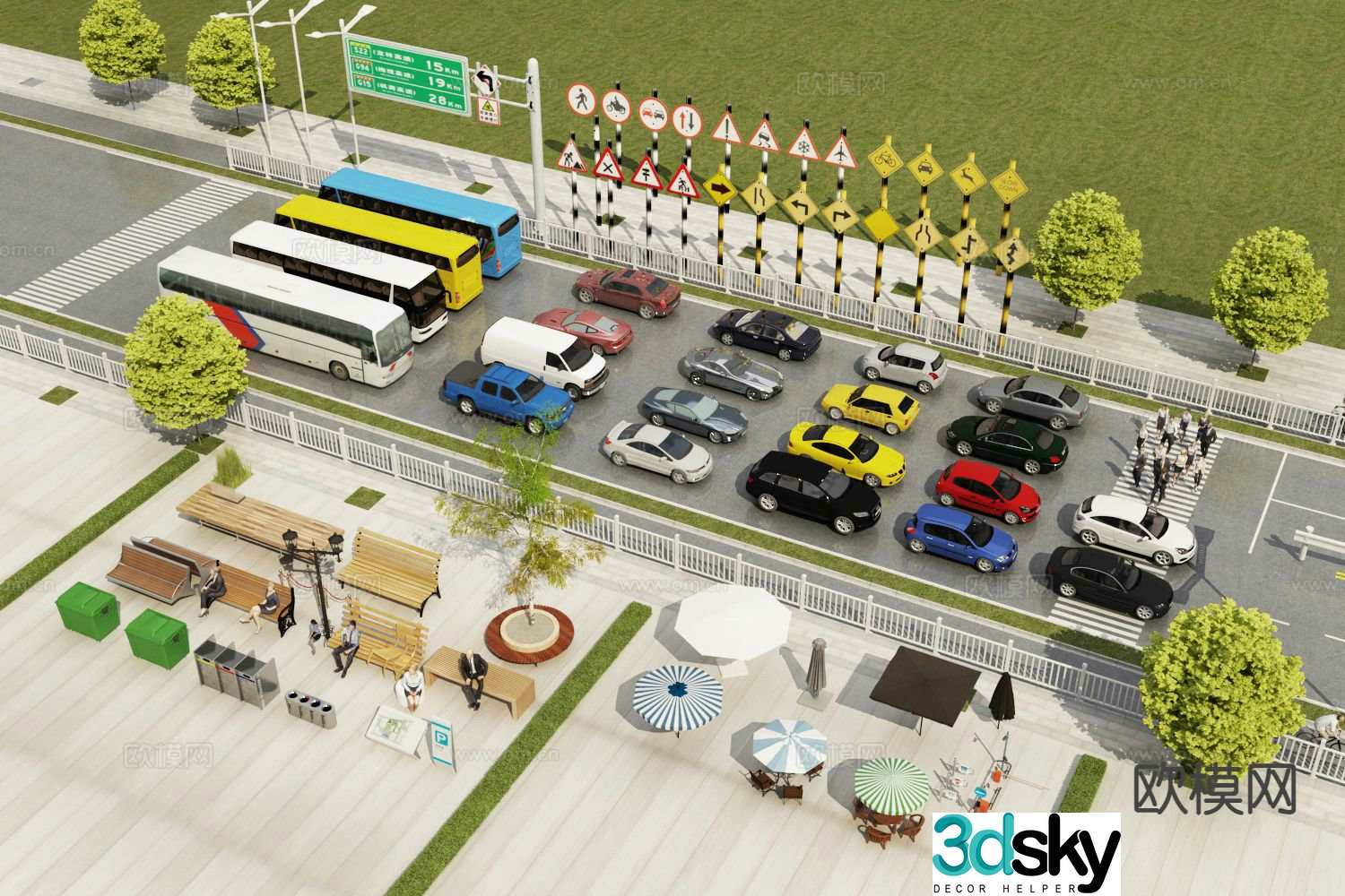 Modern road facilities sketch car bus traffic sign 3d model