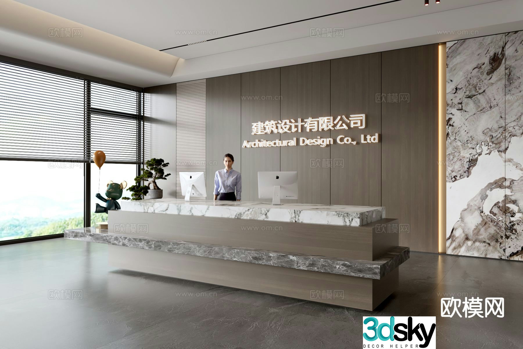 Modern company front desk reception desk corporate wall 3d model