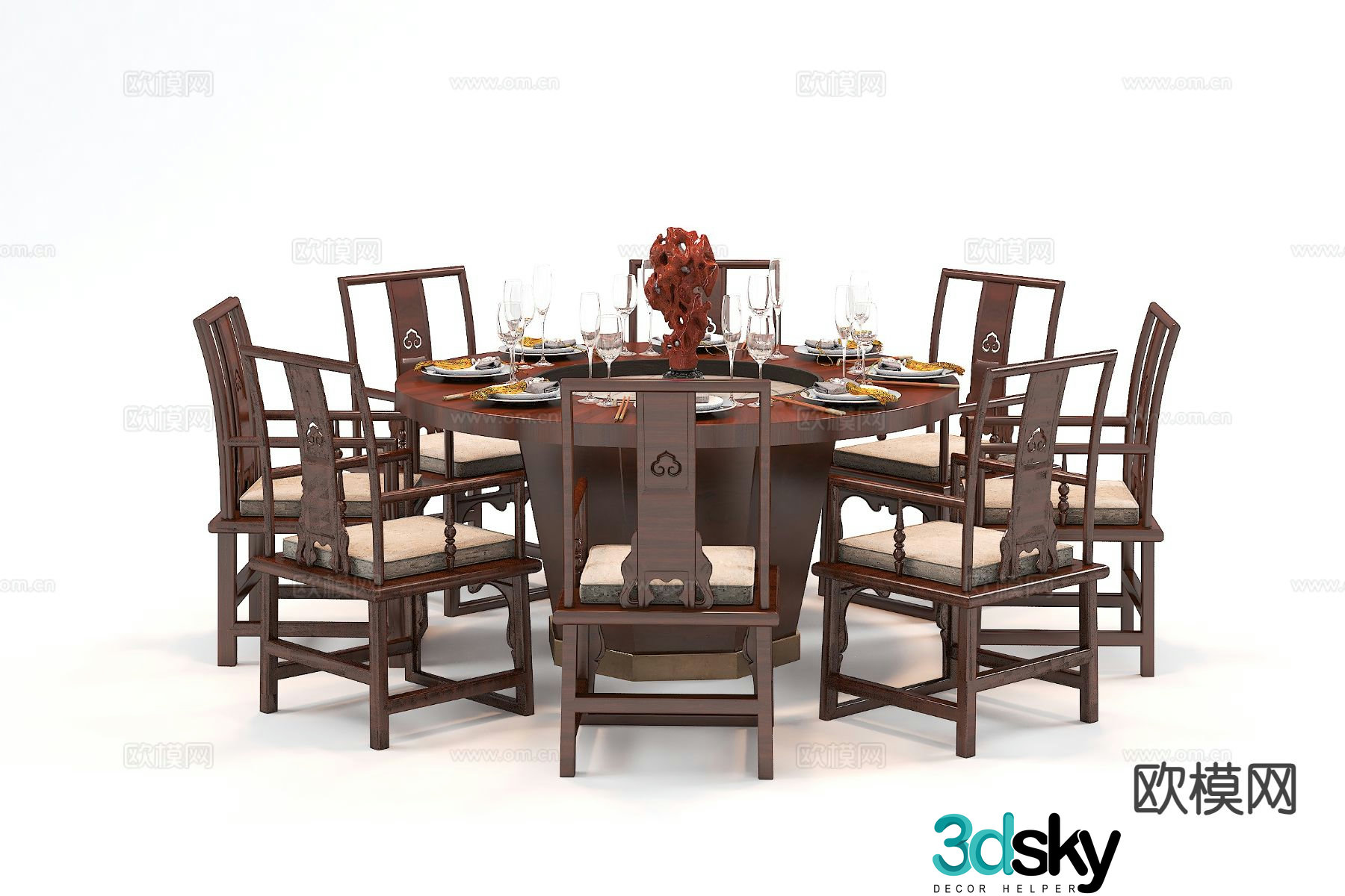 Chinese dining table and chairs round table 3d model