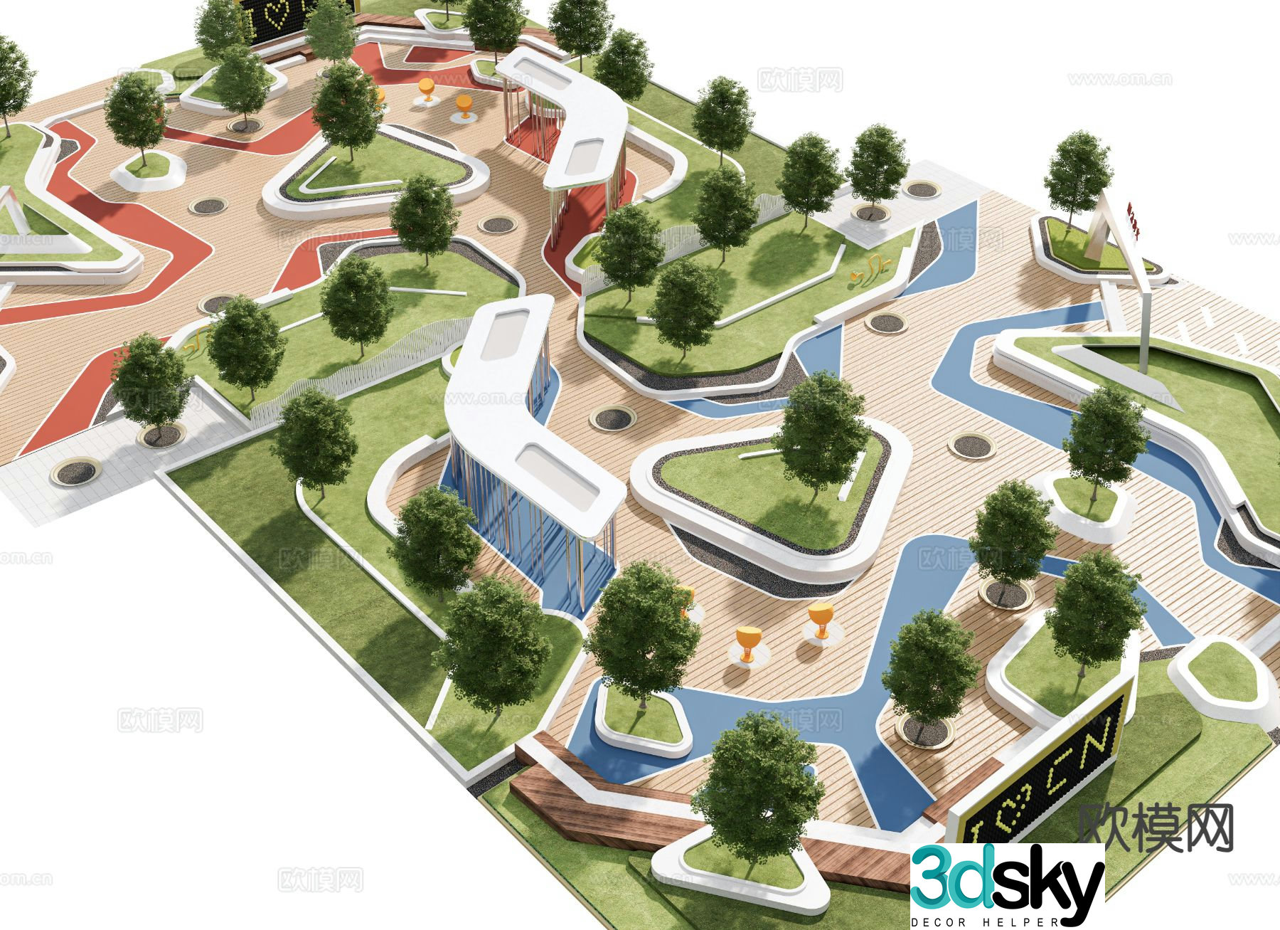Modern pocket park corner park 3d model