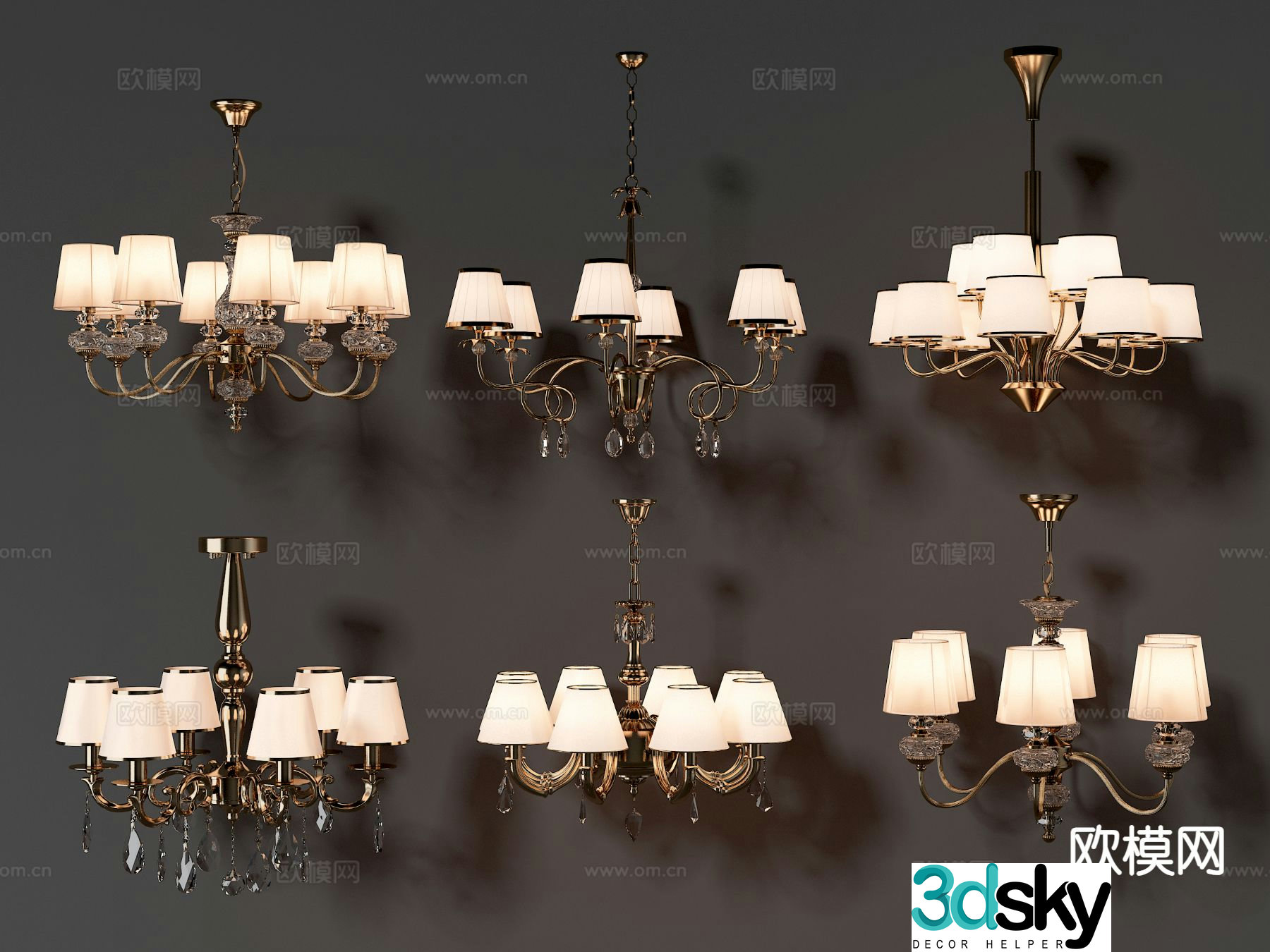 European style lampshade chandelier multi-head chandelier 3D model