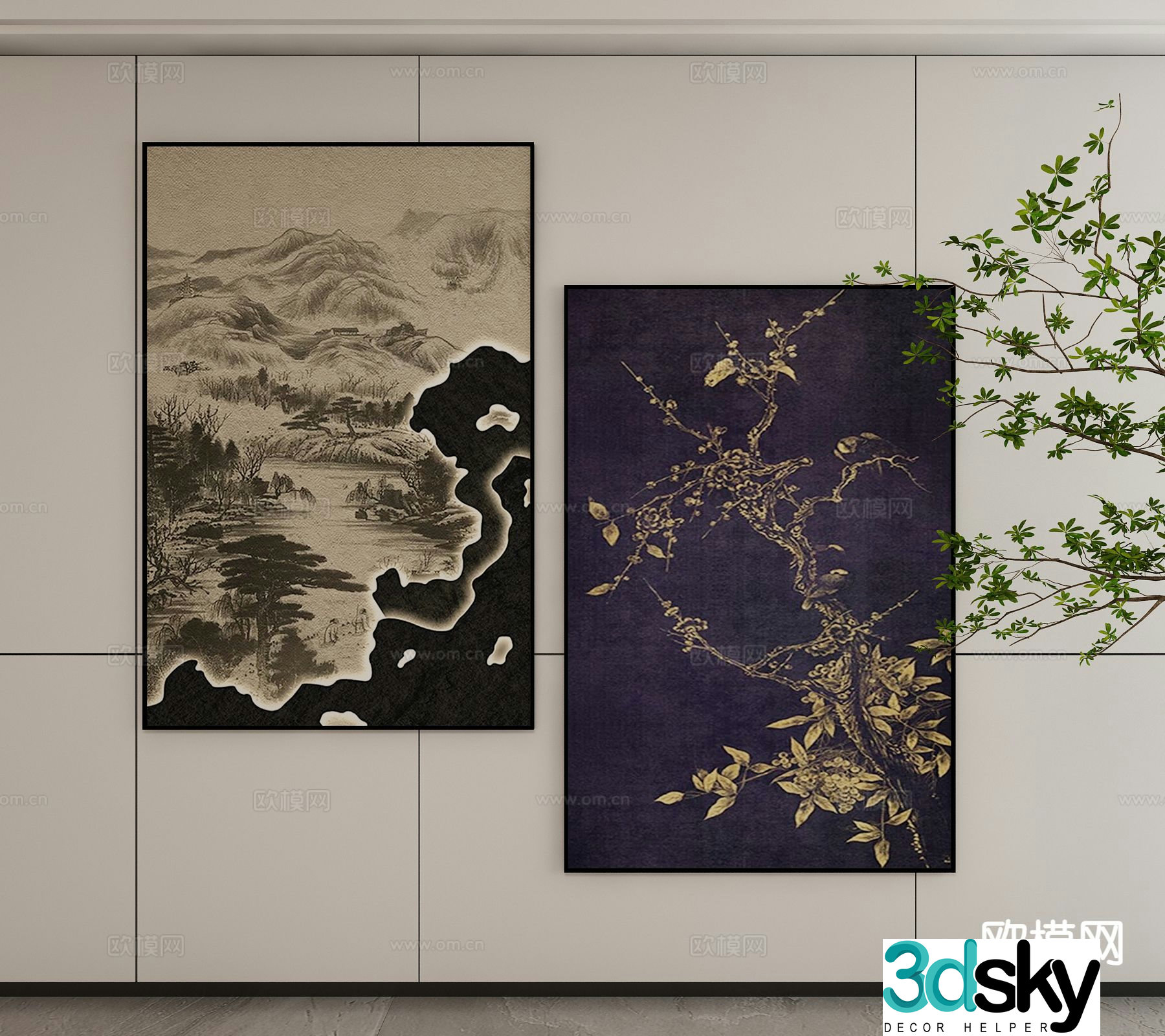 New Chinese style ink painting landscape painting decorative painting 3D model