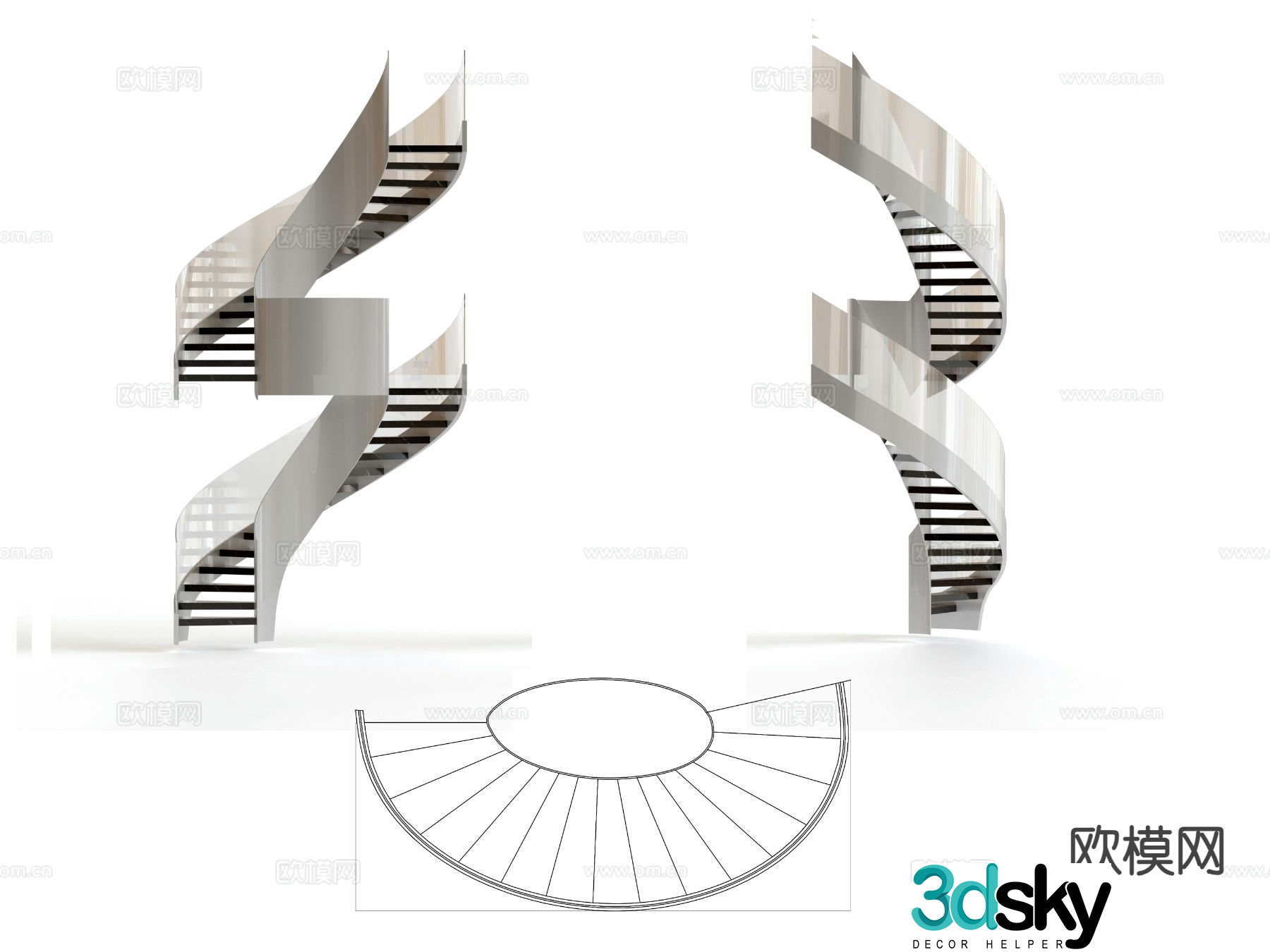 Spiral staircase glass handrail steel plate handrail hollow step staircase 3d model
