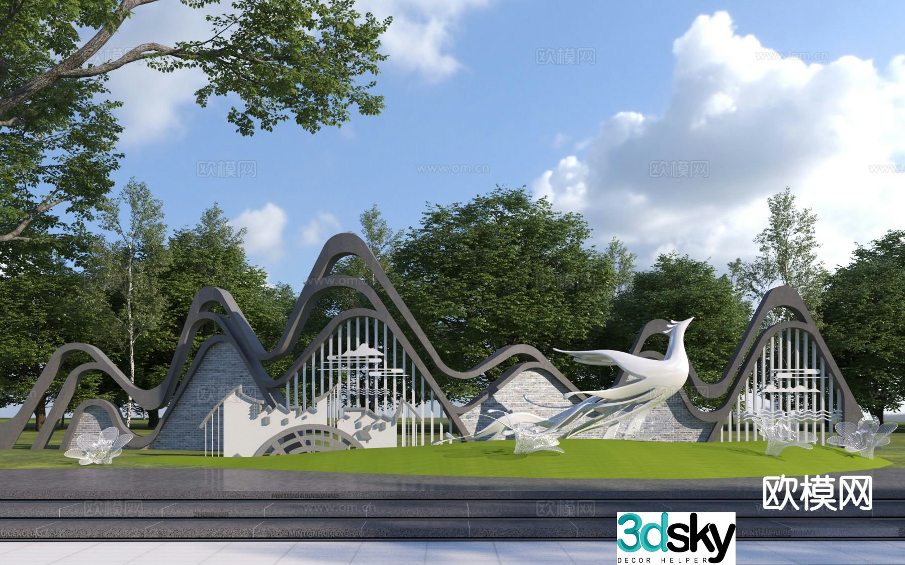 New Chinese style rural entrance landscape wall 3D model