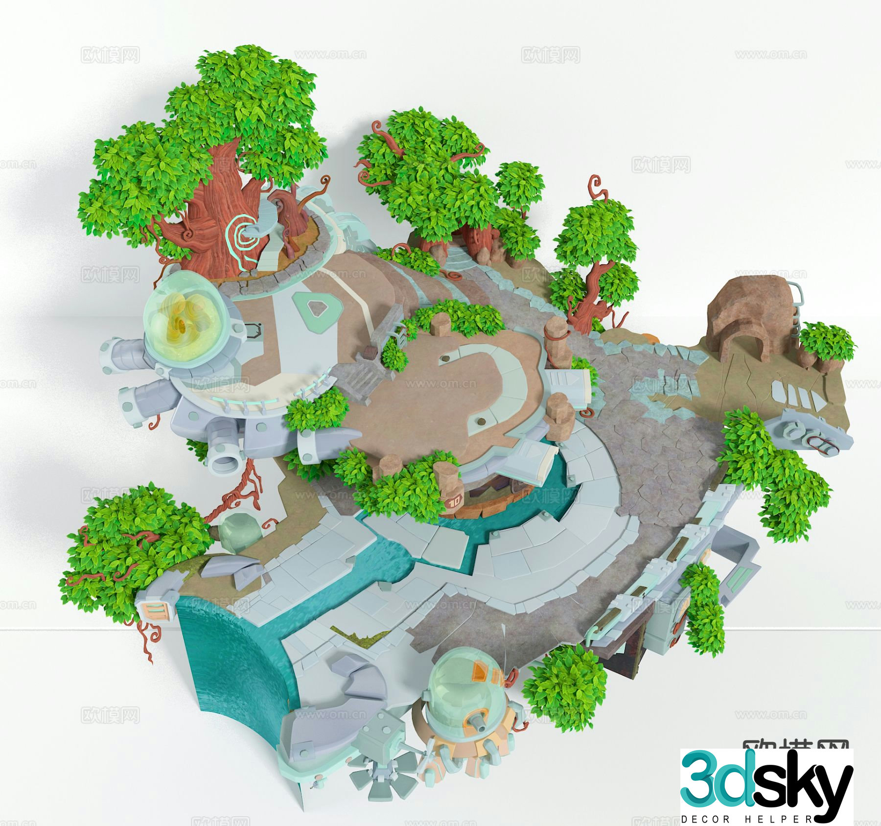 Cartoon trees square animation scene game scene 3d model