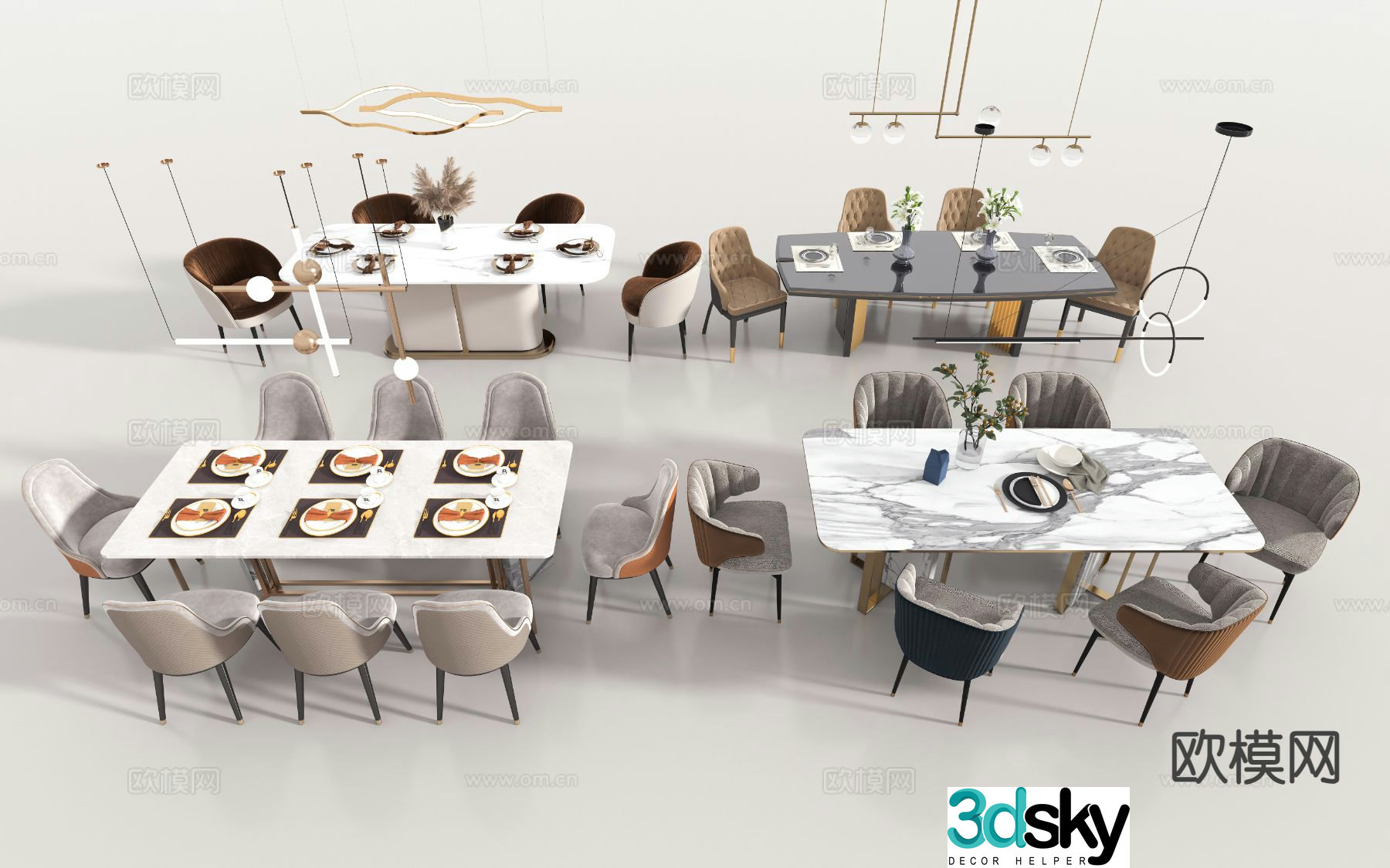 Light luxury dining table and chairs 3D model