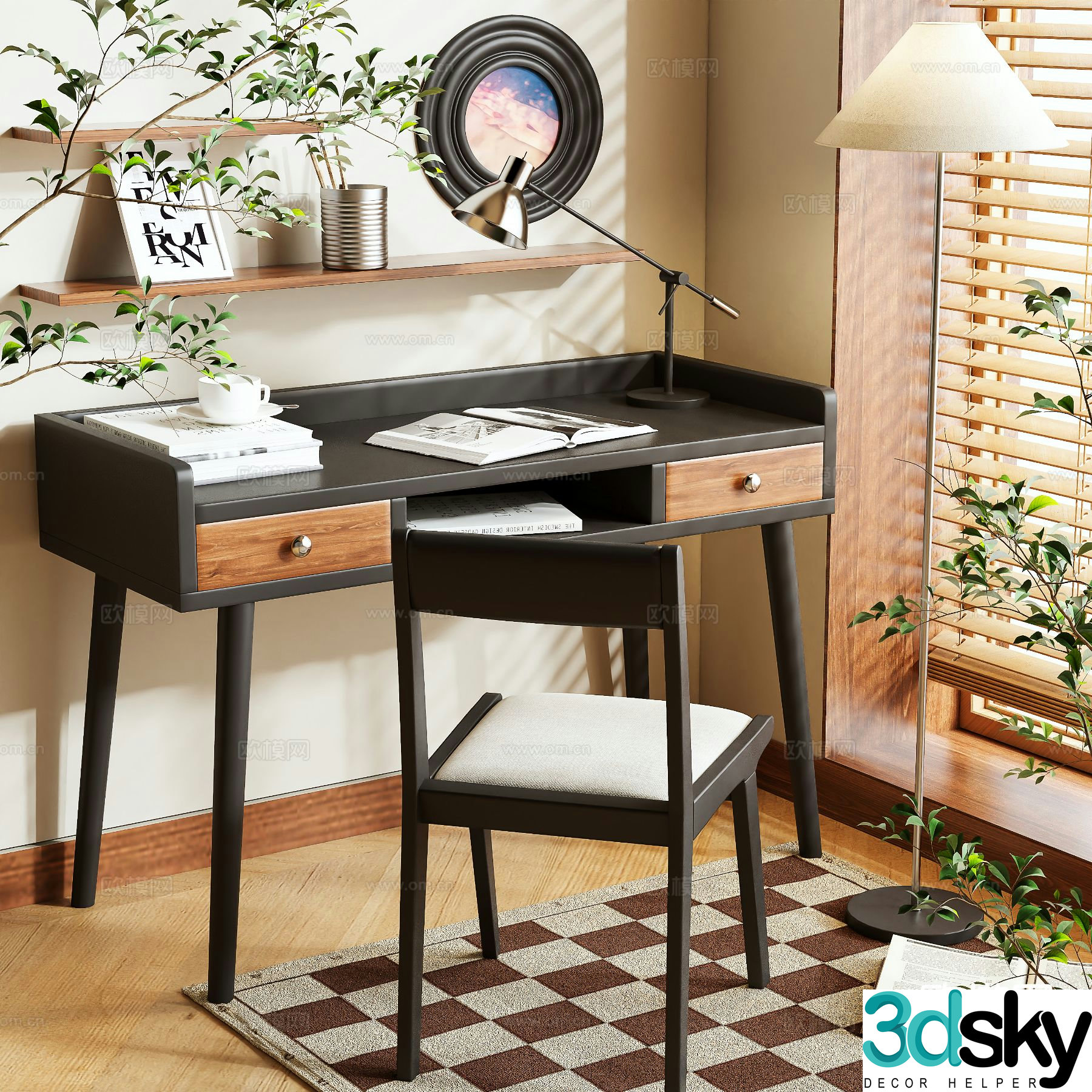Log style desk writing desk 3d model