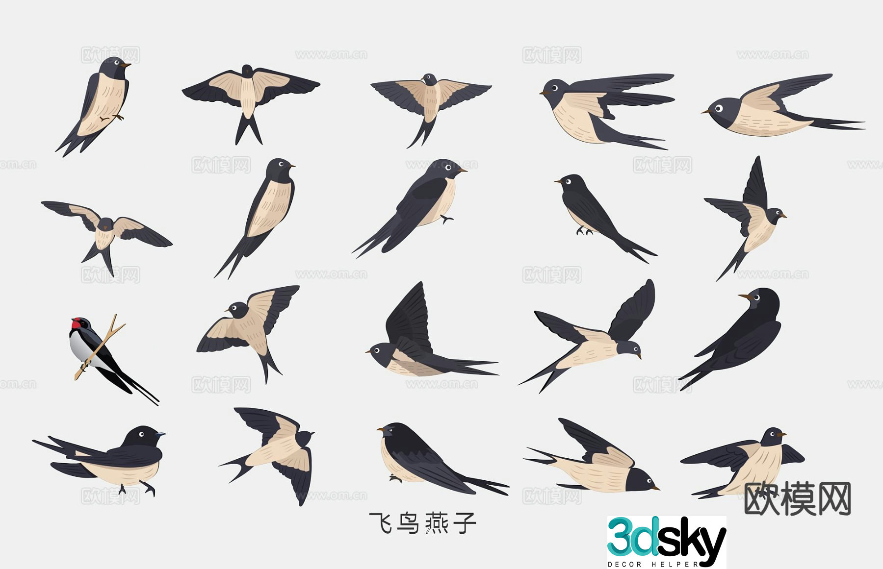 Spring swallow swallow wall decoration wall sticker illustration 3d model