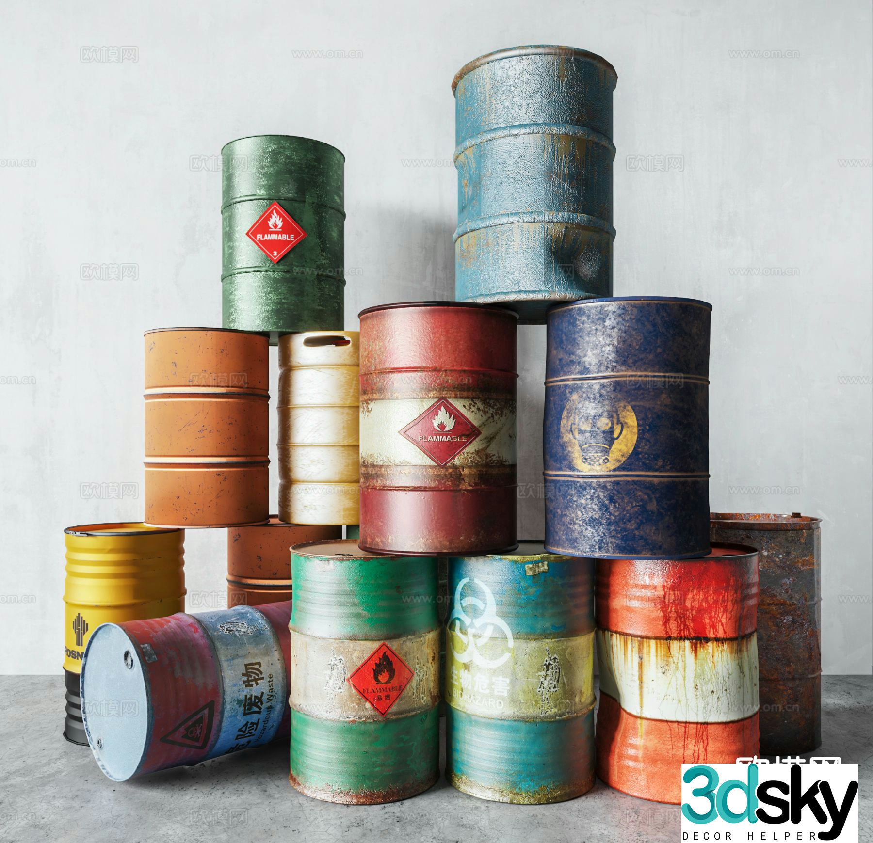 Industrial style oil barrel iron barrel 3D model